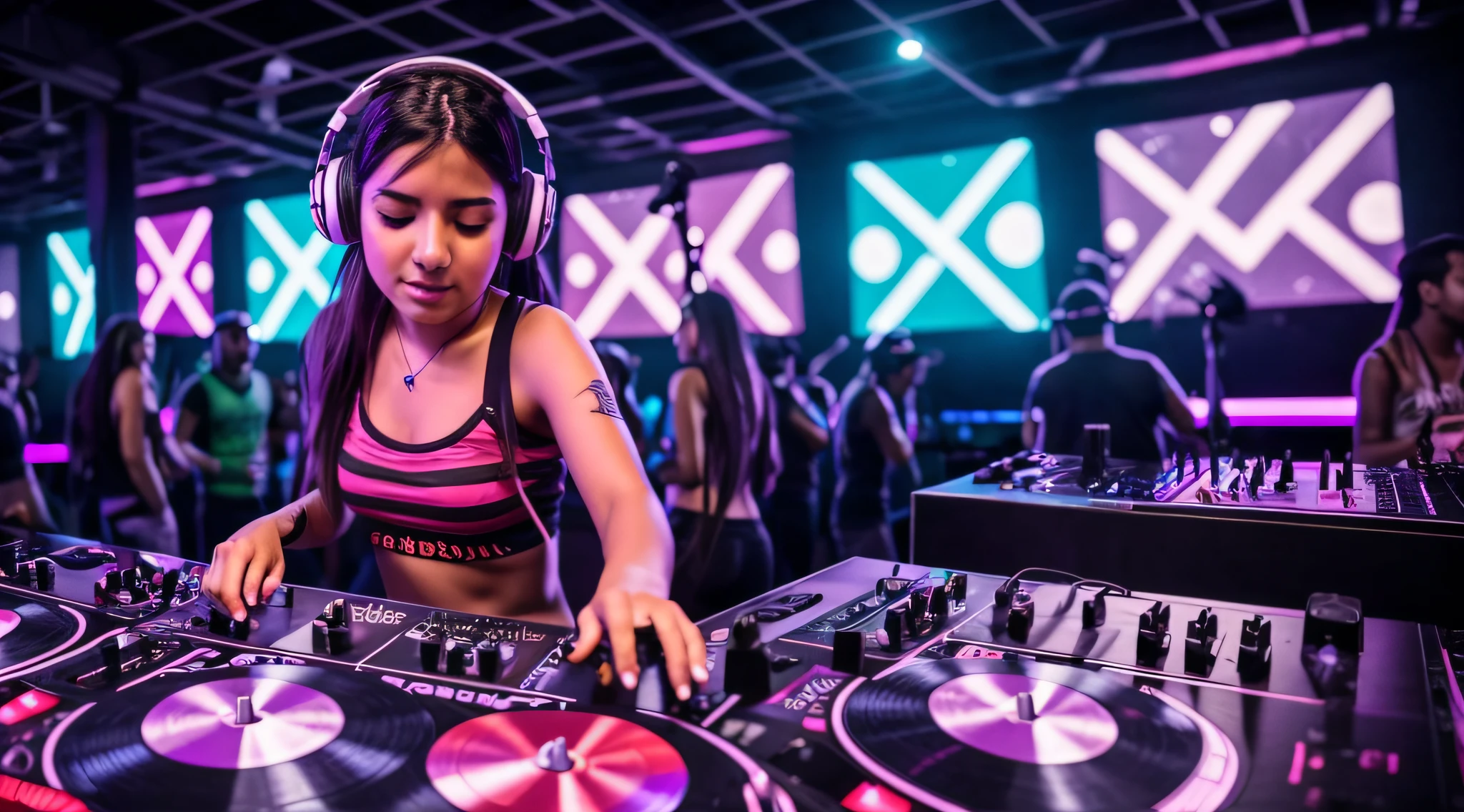Image of a girl with headphones playing music, DJ Sura, DJ, Conjunto de DJ, Fones de ouvido DJ Rave, usando fones de ouvido, Turntablism DJ arranhando, turntablist, arte oficial, Arte Promocional, Fones de ouvido vermelhos, E - Meninanina, artecional, Bate, arte de fundo, DJ em uma festa, Festa DJ Rave, menina rave