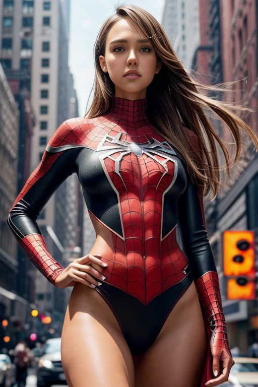 Jessica Alba、Sticking out the navel、newyork、She wears a torn Spider-Man suit,wearing skirt、 Red and black color scheme,Dynamic、masterpiece、top-quality、ultra-detailliert、ighly detailed、beautiful detailed brilliance、超A high resolution