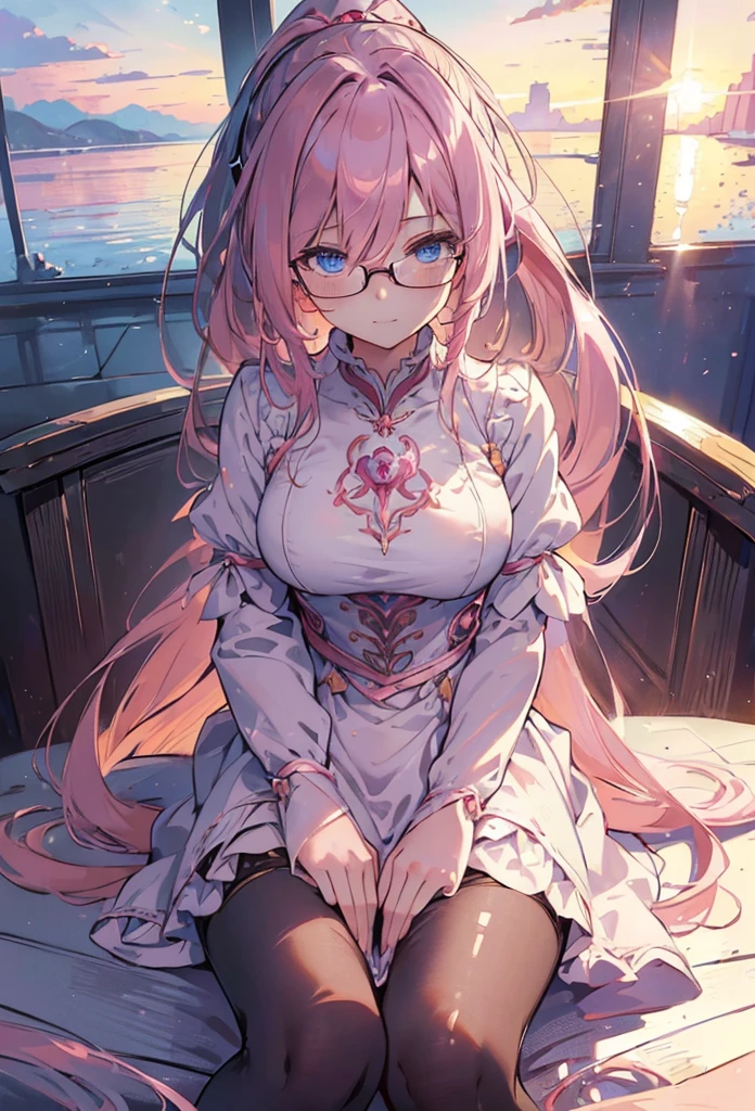 (((Masterpiece))),(((Best quality))),(((Amazing detail))),((illustration)),((A high resolution)),((8K)),((Anatomically correct)),Pink long hair, blue eyes, High ponytail,Delicate hair,a matural female,black-frame glasses,Light smile,adjusting eyewear,angle of view,Anime,Depth of field,Classroom Background,Sunset,Soft light,From above,Lens flare