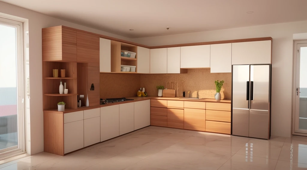 there is a kitchen with a refrigerator, sink, and a window, kitchen, minimal kitchen, render 3 d, 3 d rendering, 3d rendering, 3d render, 3 d render, render vray, 3 drender, 3d product, 2 d render, render in vray, stuning 3 d render, vray render, 3 d vray render