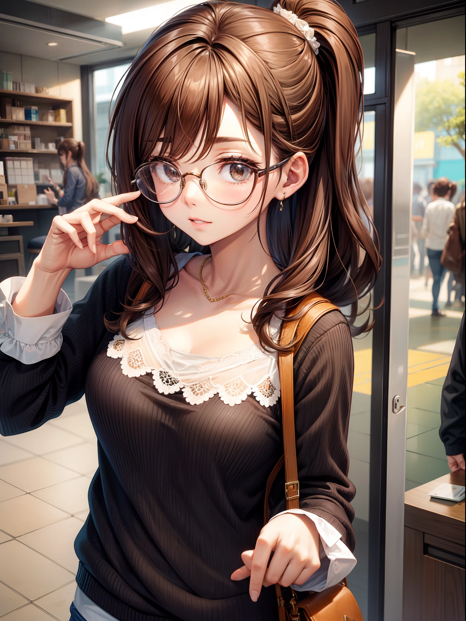 Brown hair(half up)、1 female、eye glasses