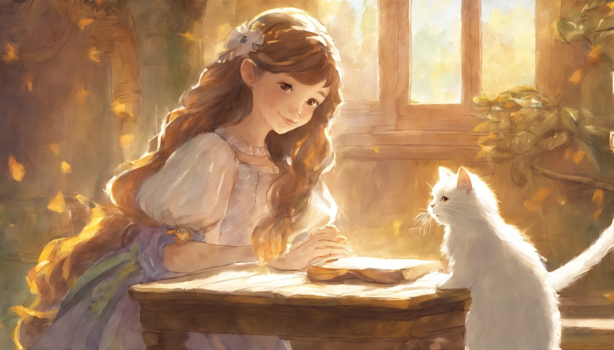 Girl shaking hands with light gray cat's paw in sunny room　ars old girl、I have chestnut hair　Fantastic and happy feelings　watercolor paiting　The overall design is classic.、The color is dark yellow　Picture book illustrations