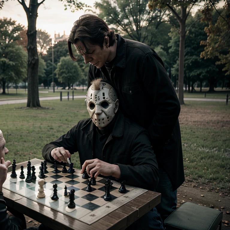 Michael myers and Jason voorhees playing chess in the park