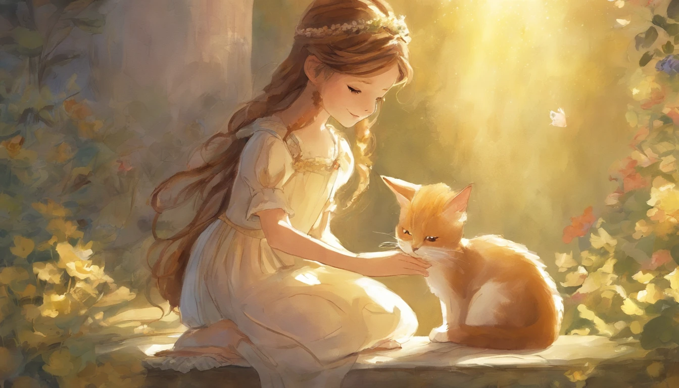 Girl shaking hands with light gray cat's paw in sunny room ars old girl、I have chestnut hair Fantastic and happy feelings watercolor paiting The overall design is classic.、The color is dark yellow Picture book illustrations