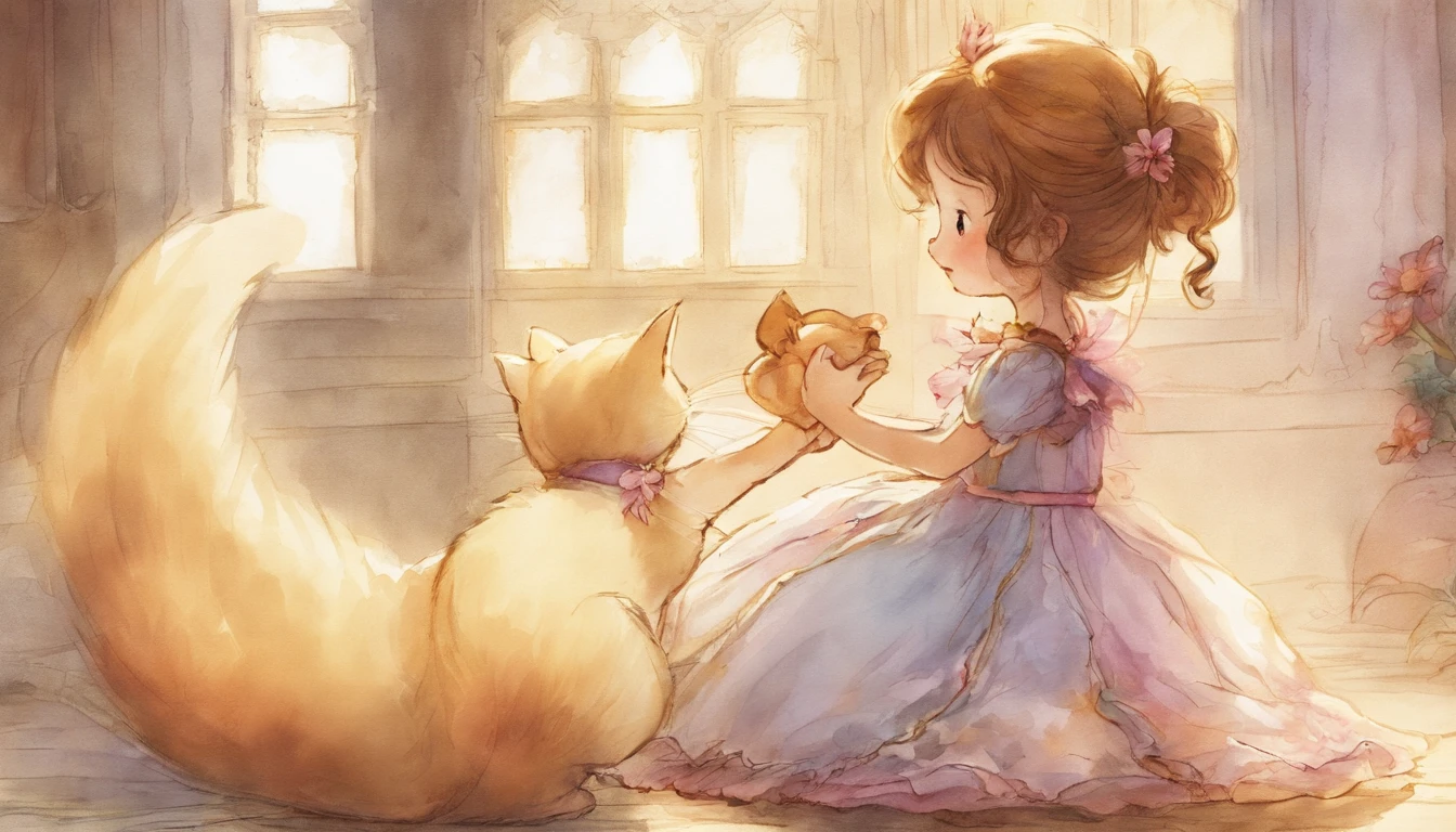 Girl shaking hands with light gray cat's paw in sunny room　10years old girl、I have chestnut hair　Fantastic and happy feelings　watercolor paiting　The overall design is classic.、The color is dark yellow　Picture book illustrations