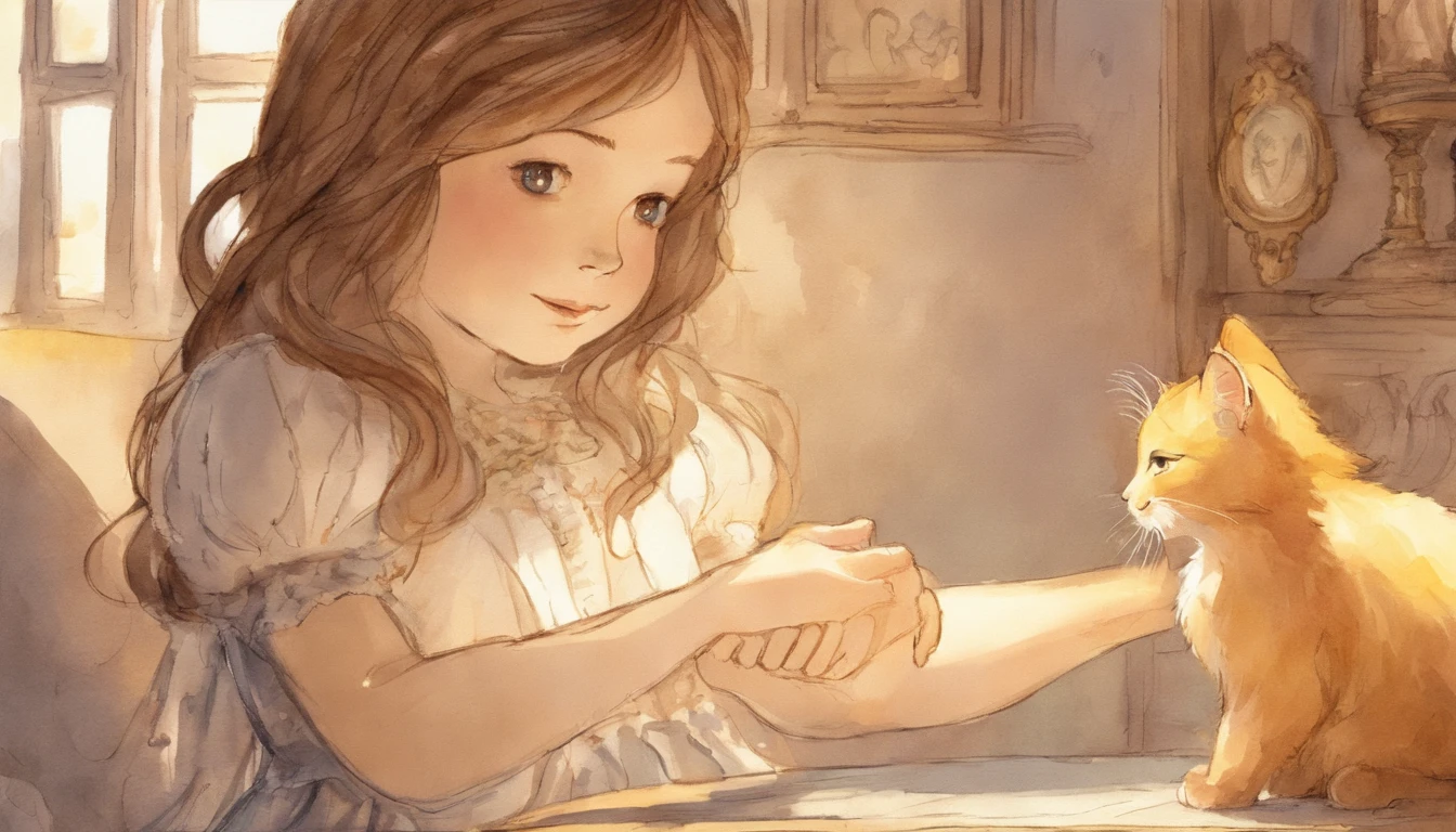 Girl shaking hands with light gray cat's paw in sunny room 10years old girl、I have chestnut hair Fantastic and happy feelings watercolor paiting The overall design is classic.、The color is dark yellow Picture book illustrations