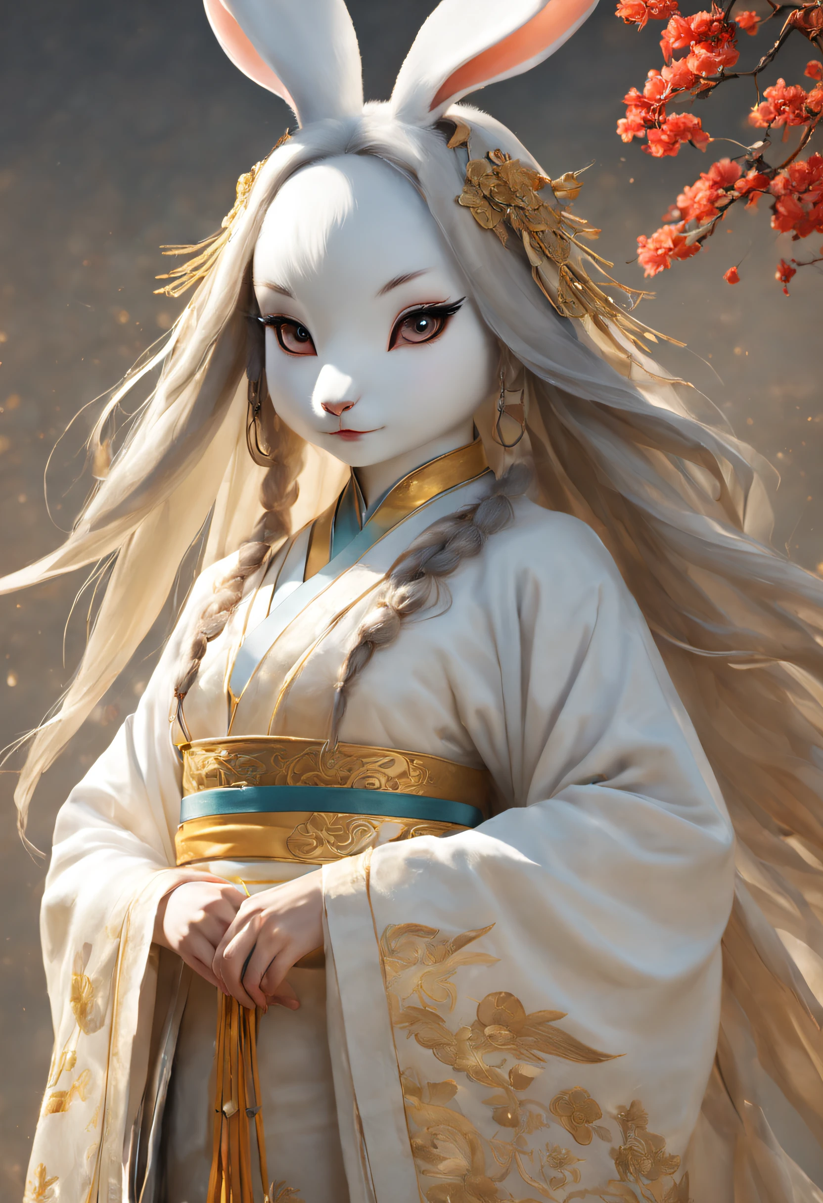 Full body realistic style photo of a Chinese rabbit standing looking viewer, Hands clasped in front, wearing a gold-colored embroidered cranes white hanfu cloth , (((rabbit face and head))), standing looking gently at the viewer, the background is shining and shining, very detailed, trending on the art station , long and very luxurious hanfu dress looks like a goddess descended from heaven, immortal goddes, eternal goddes, sharp focus, studio photo, very detailed, sharp face, sharp subject, detailed subject, furry humanoid, no human head, no human face, animal face , animal heads ,