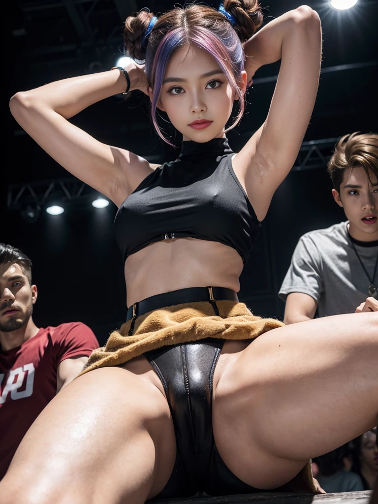 8K,best qualtiy,tmasterpiece,(a group of boys and a girl,a group of boys hugged the girl from behind),(A charming girl,the only girl,spread her legs,Hands on the back of head,Held from behind by two boys),friedly smile,(random hair style,Random hair color,Brightly colored hair,with long coiled hair,Asymmetrical hairstyle,Complex hair color,Complex hairstyles,double bun),(Superskirt,Crotch bulge,Camel toes,Close-up of the crotch)