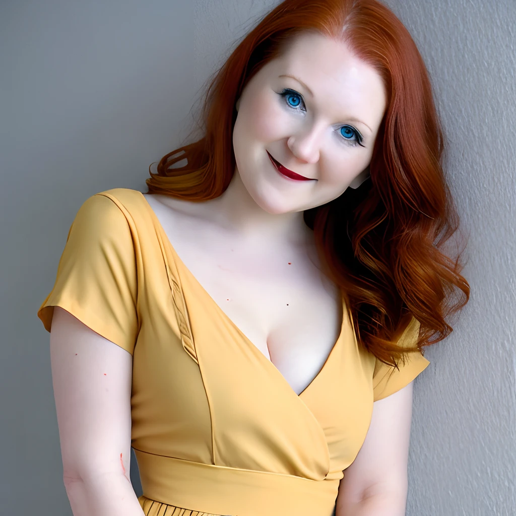 Young 20 yeqr old girl,  very skinny figure, with black straight hair, detailed face like Jennie McAlpine, medium size breasts, cleavage, wearing mustard color skater dress, barefoot, posed standing with legs crossed, full body shot with feet, blank white background