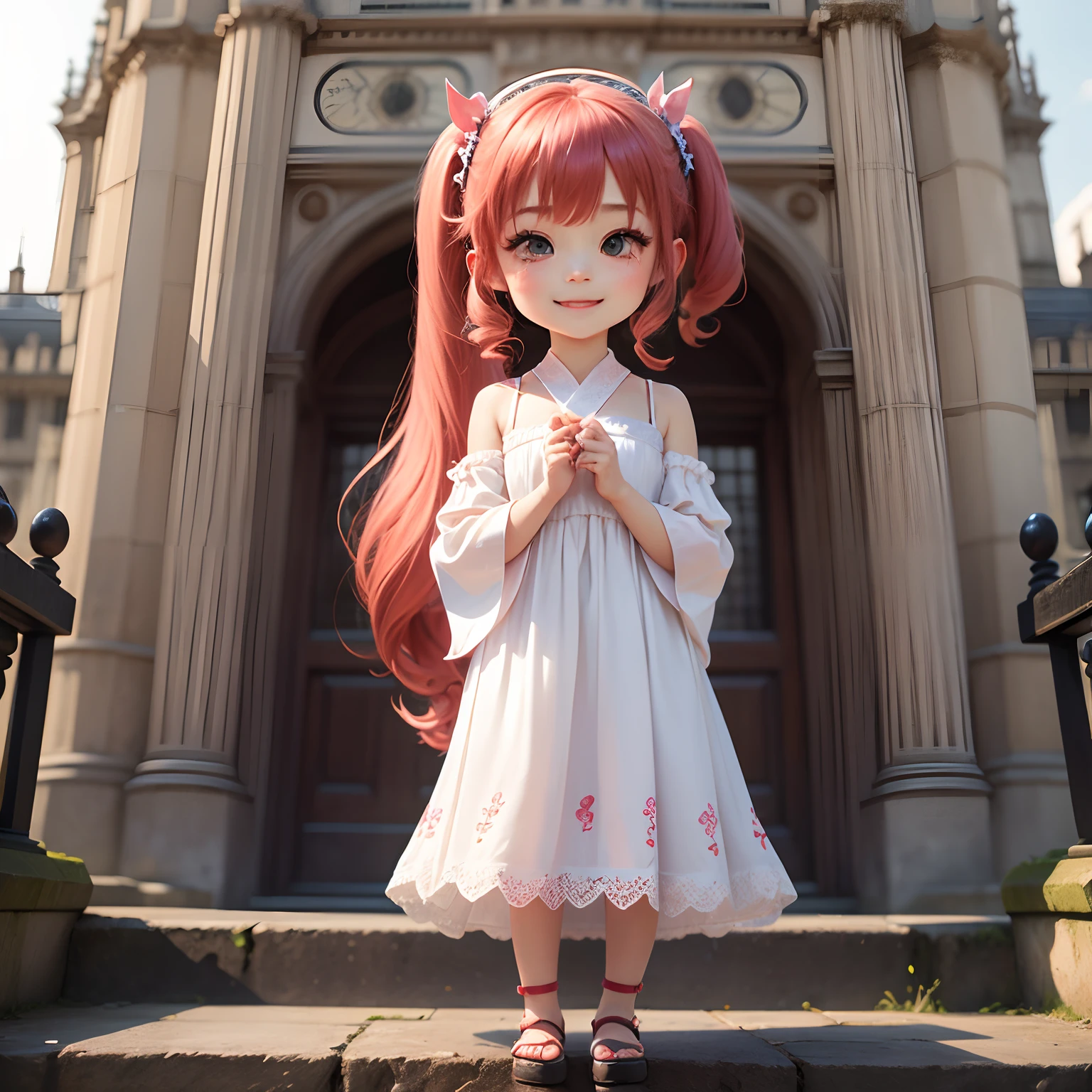masterpiece、top-quality、ultra-detailliert、(Chibi Chara's Daughter:1.2)、Japan style rose hair accessory and red long hair(poneyTail:1.2)、White lace dress、full body Esbian、Open your mouth and smile、Stand at the top of Big Ben in England