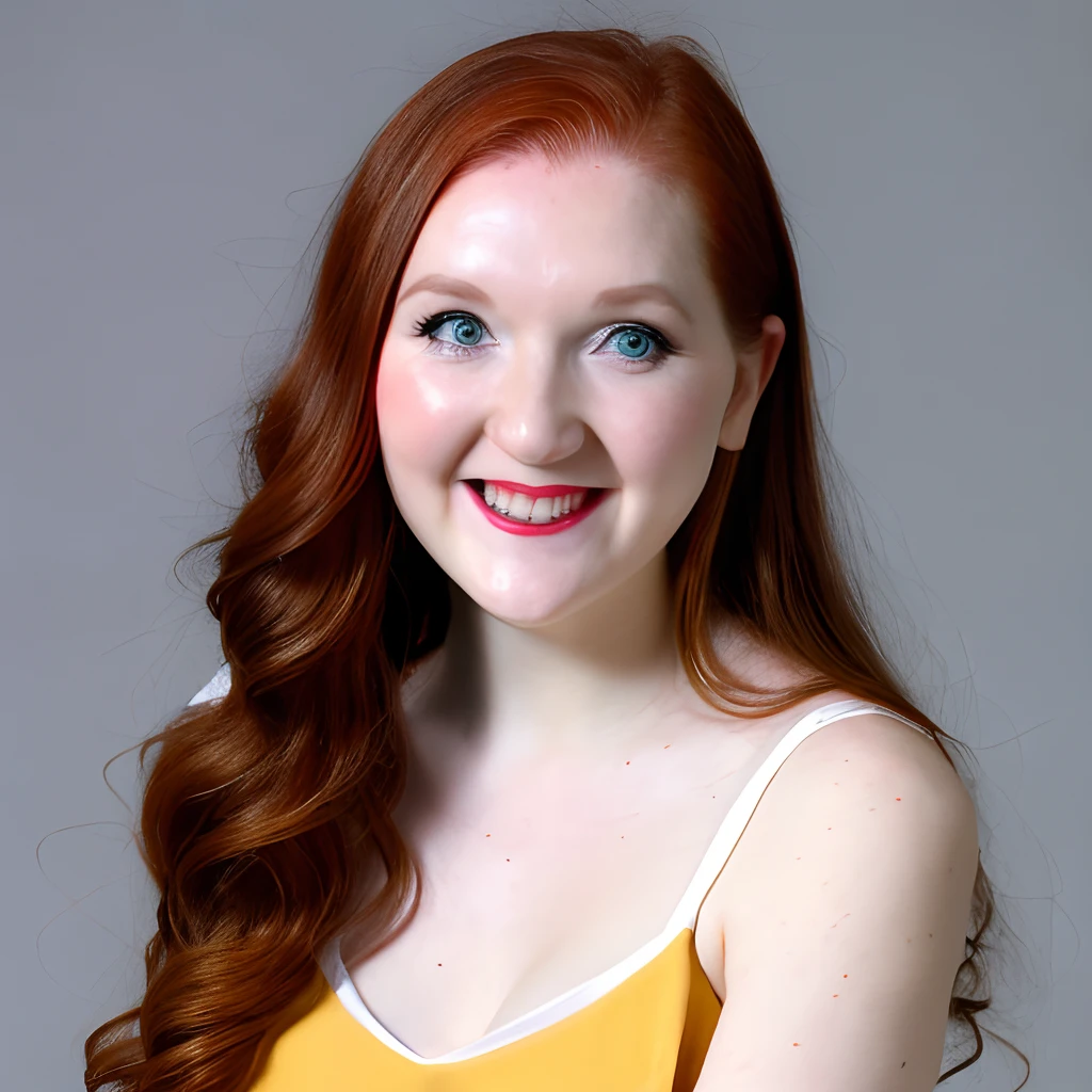 Young 20 yeqr old girl, very skinny figure, with black straight hair, detailed face like Jennie McAlpine, medium size breasts, cleavage, wearing mustard color skater dress, barefoot, posed standing with legs crossed, full body shot with feet, blank white background