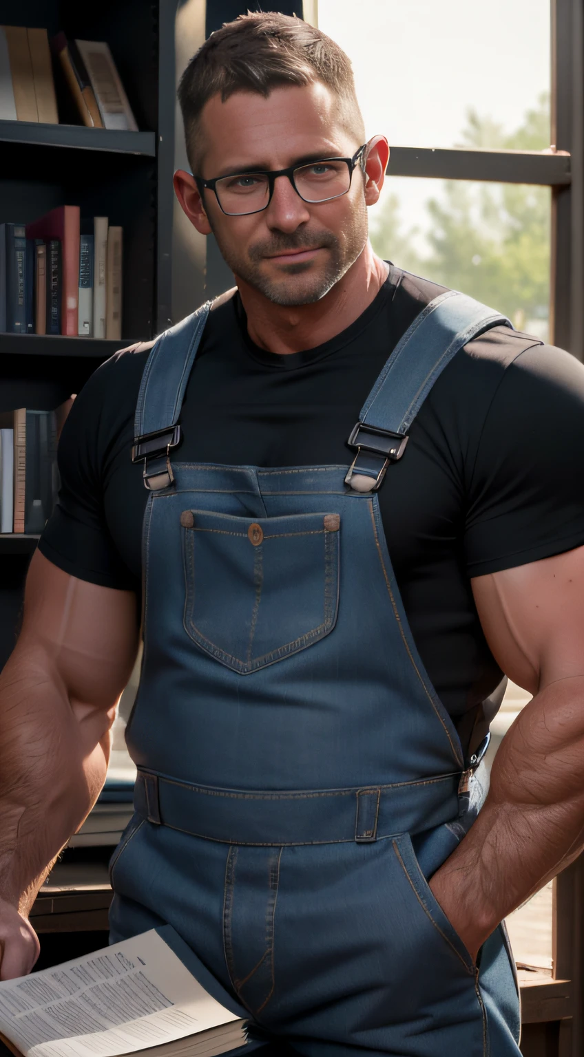 An award-winning original photo，A wild muscular man, (40 years old daddy:1.1), 1boy, Solo, (blue overalls), (black T-shirt), (big tool belt), silver hair, (big shoulders), musculature, stubbles, Short beard, Beautiful eyes:1.3, ), (Detailed face:1.3), wearing glasses, smiles, Dynamic Angle, volumetric lighting, (Best quality, A high resolution, Photorealistic), Cinematic lighting, Masterpiece, RAW photo, Intricate details, hdr, depth of field, upper body