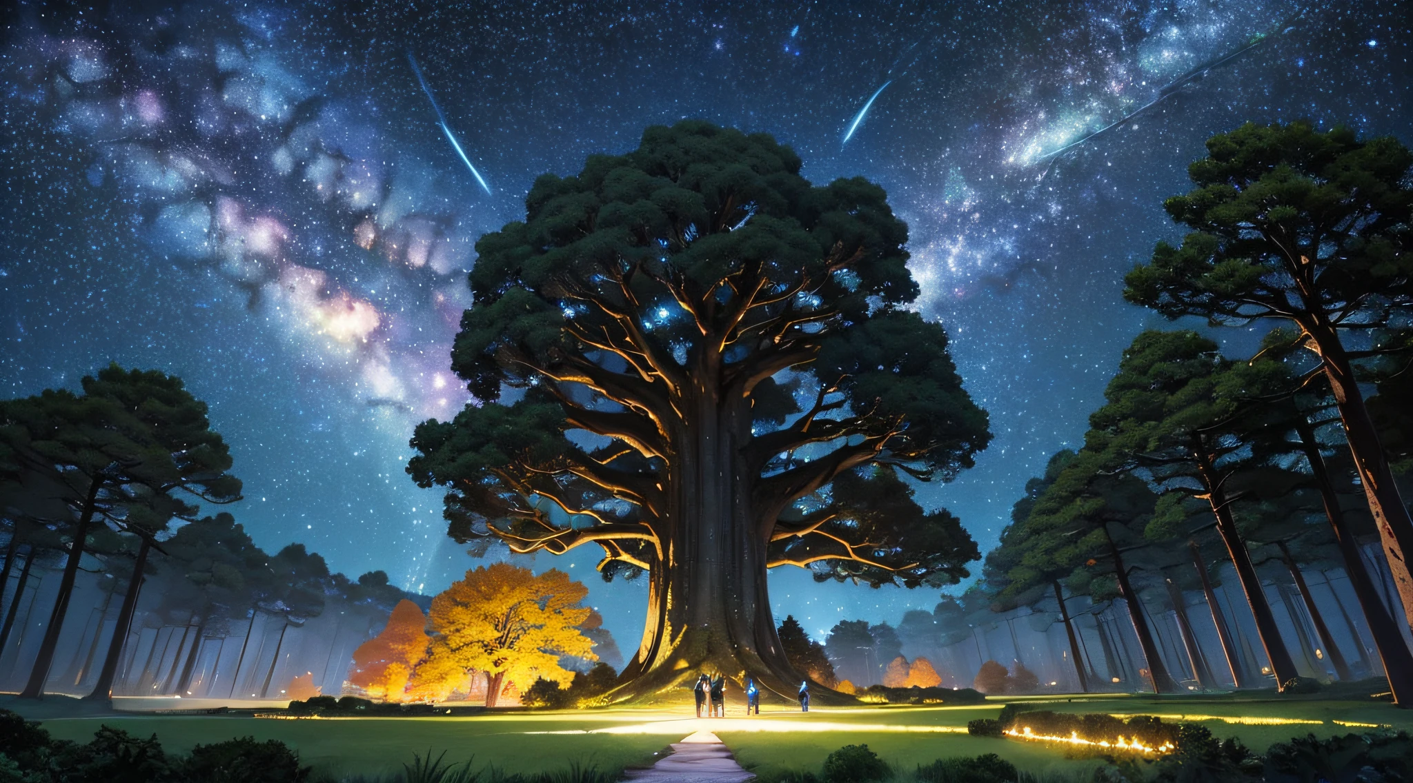 masterpiece、Background with((Fantastic starry sky、meteors、black hole))、Depth((Huge fantastic tree、Luminescent vegetation))、Looking up