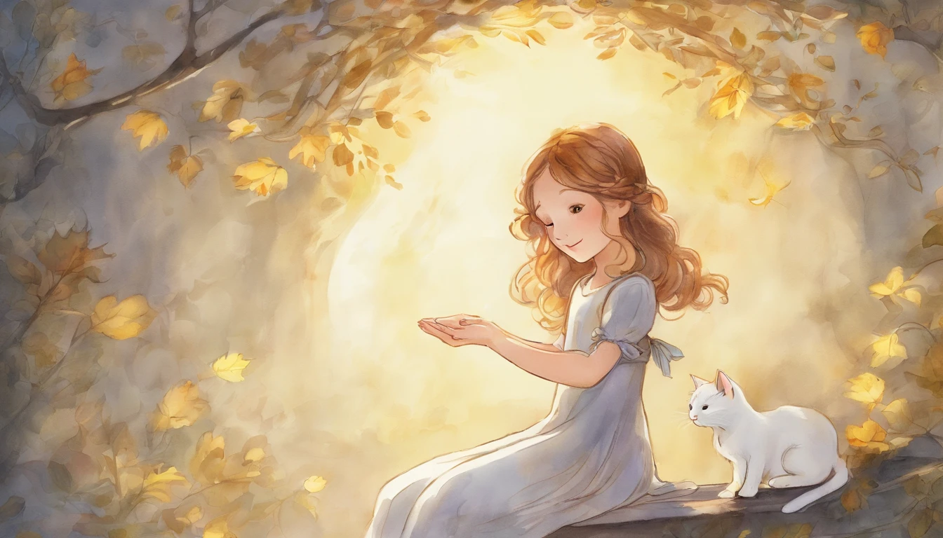 Girl holding hands with light gray cat's paw in sunny room 10years old girl、I have chestnut hair Light is overflowing from the connected hands Fantastic and happy feelings watercolor paiting The overall design is classic.、The color is dark yellow Picture book illustrations