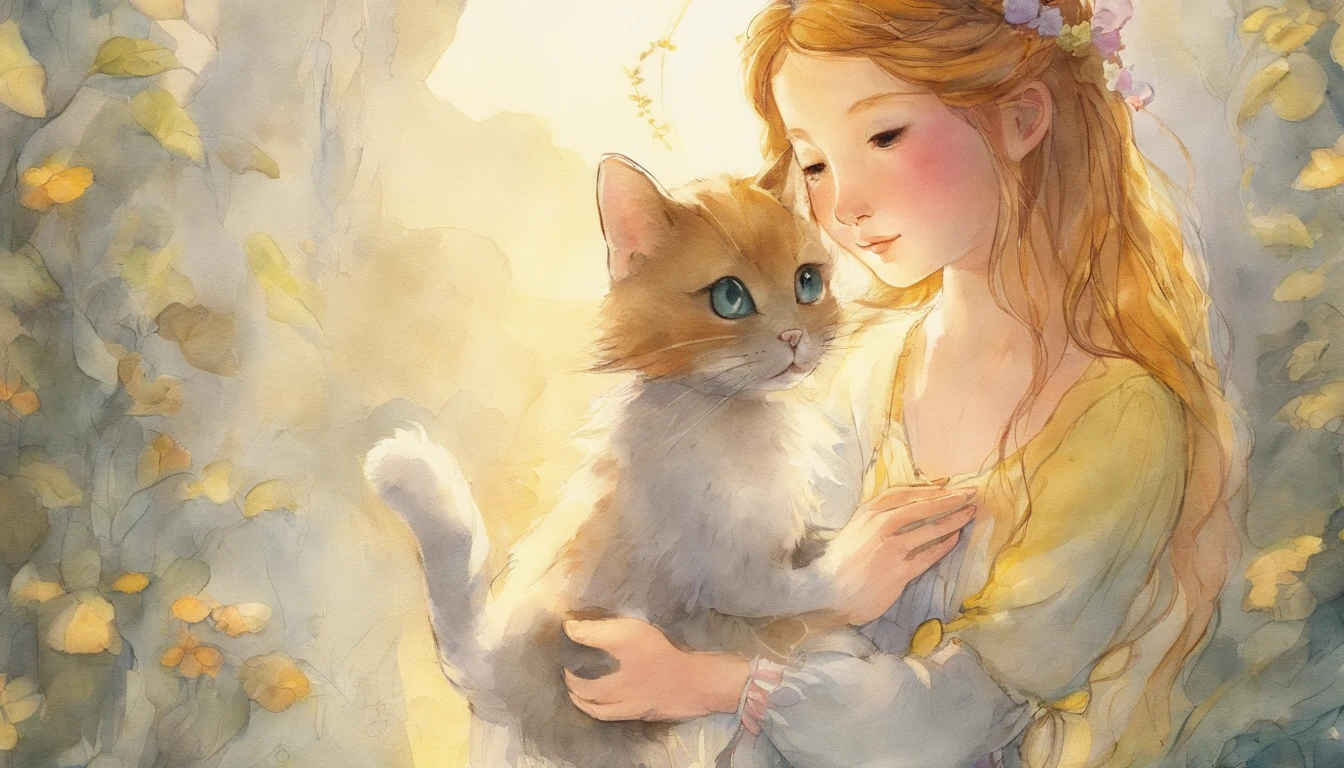 Girl holding hands with light gray cat's paw in sunny room　ars old girl、I have chestnut hair　Light is overflowing from the connected hands　Fantastic and happy feelings　watercolor paiting　The overall design is classic.、The color is dark yellow　Picture book illustrations