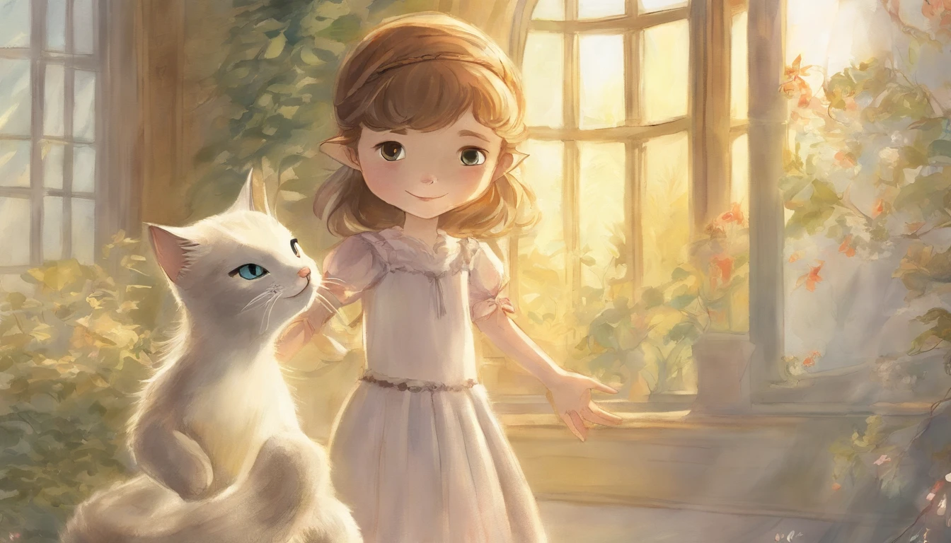 Girl holding hands with light gray cat's paw in sunny room 10years old girl、I have chestnut hair Light is overflowing from the connected hands Fantastic and happy feelings watercolor paiting The overall design is classic.、The color is dark yellow Picture book illustrations