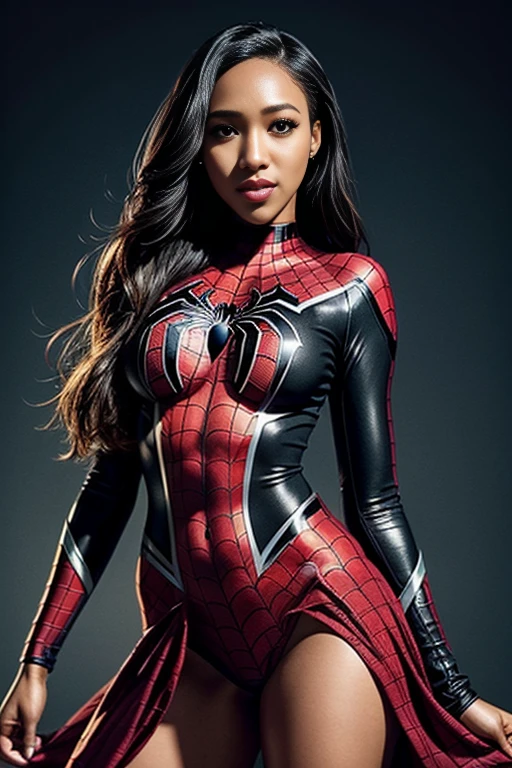 Candice Patton、Sticking out the navel、newyork、She wears a torn Spider-Man suit,wearing skirt、 Red and black color scheme,Dynamic、​masterpiece、top-quality、ultra-detailliert、ighly detailed、beautiful detailed brilliance、超A high resolution