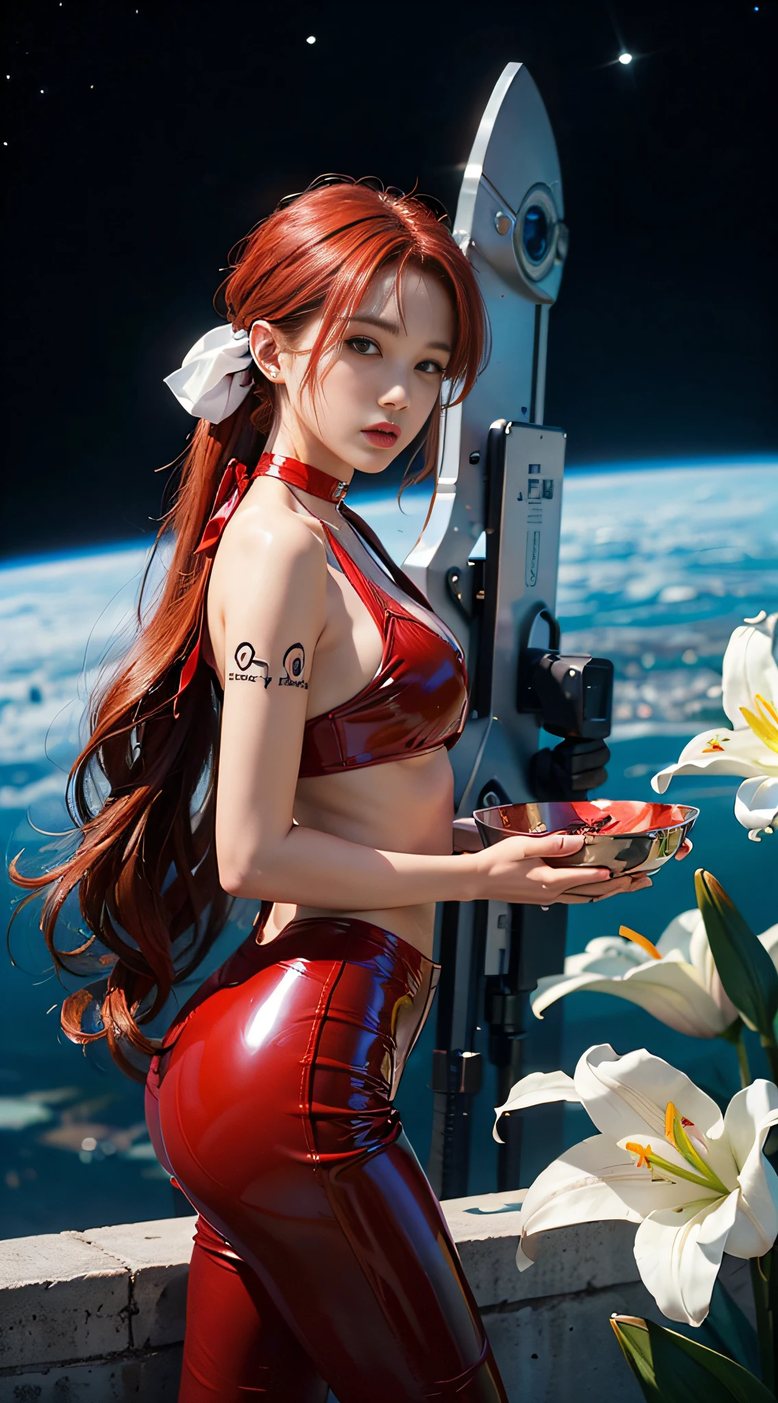 ((​masterpiece:1.4)、(top-quality:1.4)、(reallistic:1.7))、masuter piece:1.4、Beautiful Girl Dirty Pair、(Beautiful Girl Space Investigator Dirty Pair:1.4)、Female duo investigators Yuri and Kei、Yuri and Kei's female duo investigators stand side by side、(hold a gun:1.2)、Body Fit Sexy Investigator Duo Uniform、(Glossy luxury latex:1.4)、(White Sleeveless Uniform Jacket)、(Underwear Red Sexy Super Ultra Bikini)、(Luxury Red Latex:1.4)、age19、(Cute tattoos:1.4)、(Wearing white gloves)、Kawaii Girl、Super beauty、foco nítido、Portrait photos、(Perfect female body:1.4)、perfectly proportions、Sexy Girls Couple、Upper body photography:1.4、beautiful countenance、beautidful eyes、Narrow waist、beauty legs、(Kay has boyish red hair and a thin bandana tied up like a bowl:1.4)、(Lilies are blue and have long hair:1.4)、(length hair:1.2)、Beautiful udder、large full breasts:1.2、Sexy ass、Raw photo、red-lips、Red high heels:1.4、a choker:1.4、a necklace:1.4、耳Nipple Ring:1.4、1 screen display、cyberpunkcity:1.2