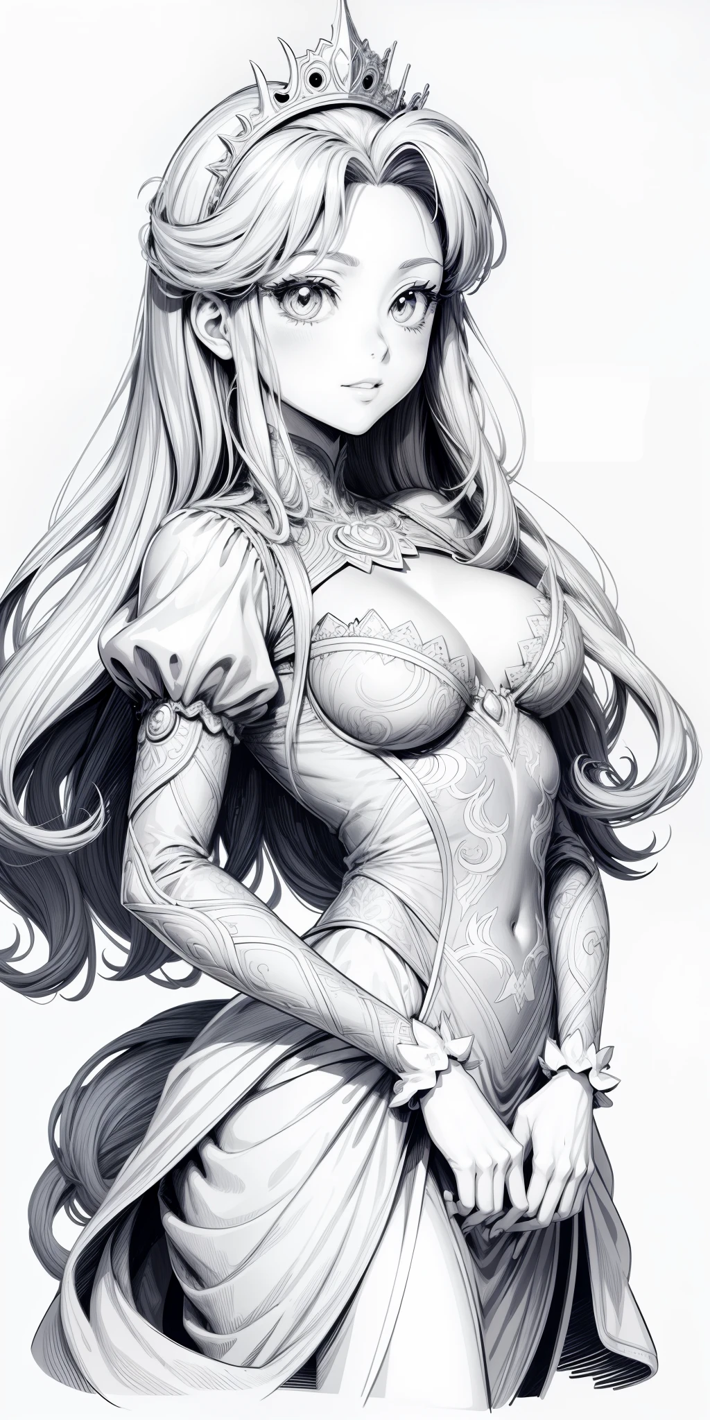 Manga style, 2d outline simple vector monochrome coloring page depicting intricate the Disney (Rapunzel:1) Princess, on white background