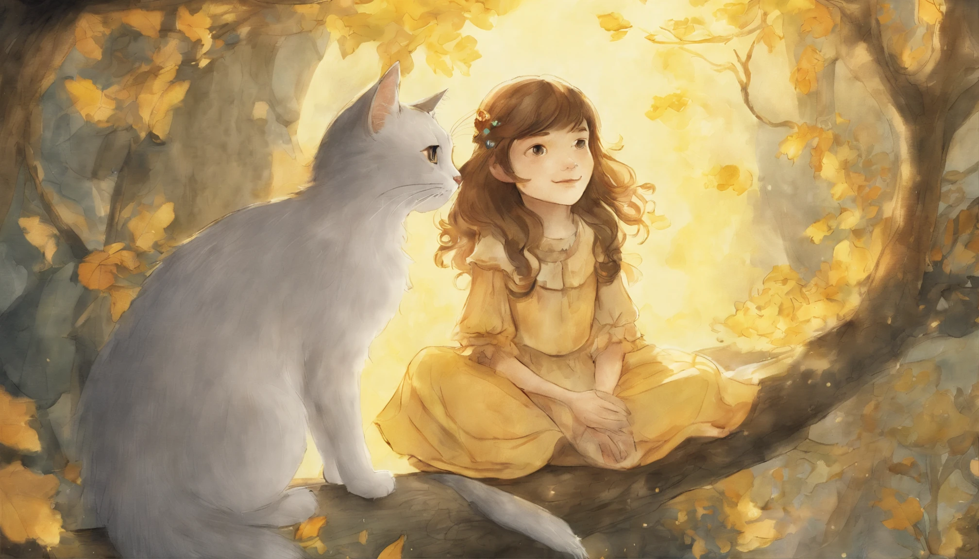Girl holding hands with light gray cat's paw in sunny room ars old girl、I have chestnut hair Light is overflowing from the connected hands Fantastic and happy feelings watercolor paiting The overall design is classic.、The color is dark yellow Picture book illustrations