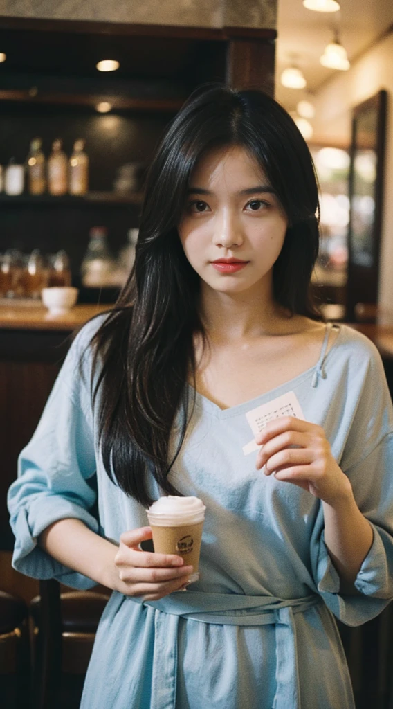 Best quality,Masterpiece,超高分辨率,(Realisticity:1.4),Original photo,Cinematic lighting,1girll,goodlooking，Draped with hair，With a hair card，At the cafe，Take a picture with your phone