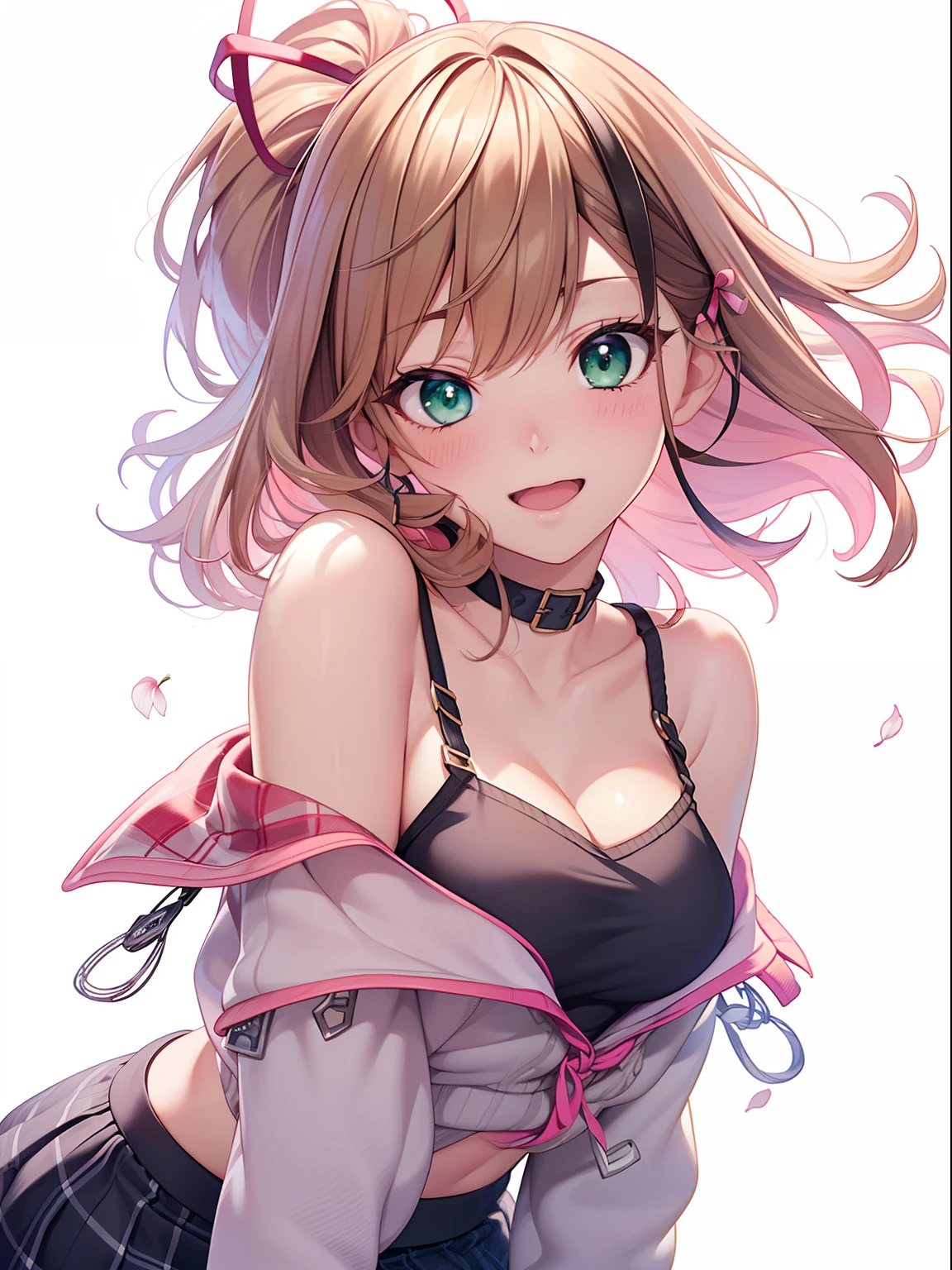 ((masutepiece, Best Quality, hight resolution, nffsw, Perfect Pixel, depth of fields, 4K, nffsw, nffsw))), 1girl in, Single, Solo, Beautiful anime girl, Beautiful Art Style, Anime Character, ((Long hair, Bangs, Brown hair, hair pin)), (Green eyes:1.4, rounded eyes, Beautiful eyelashes, Realistic eyes), (Detailed face, Blushing:1.2), (Smooth texture:0.75, Realistic texture:0.65, Photorealistic:1.1, Anime CG style), medium breasts, cleavage:0.9, (Dynamic Angle, Dynamic Pose:1.4, POV, close up, looking to viewer), Perfect body, (White sweater, Cardigan sweater), ((Black skirt:1.5, plaid skirts)), sly smile, Open mouth, amusement park, plein air, cherryblossom