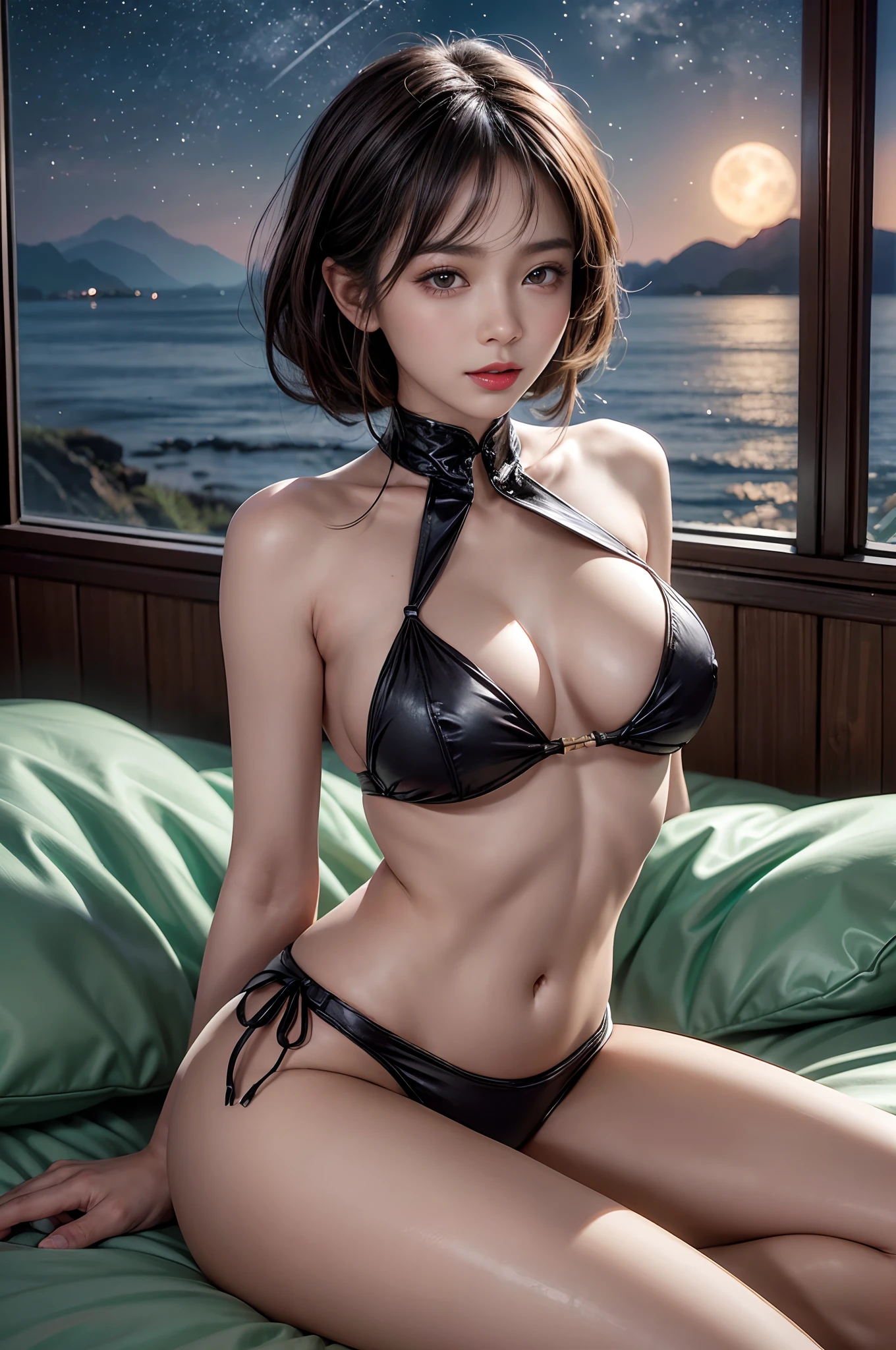 (Front Focus、Perfect Anatomy:1.5)、(ultra-detailliert、16k picture quality、Raw photo、realskin: 1.6)、hyper realist、photoRealstic.Cinematic lighting、extra detailed face、gently smiling、1 Beautiful Thai Girl、 （************ beautiful Thai and Japan half girl、Large slit eyes:1.3）（short dark hair:1.3）（disproportionate-breasted:1.4）（Black tanned skin、Blackskin:1.8）sun burn、eyeshadows、eye liner、Red Lip（Wearing harsh underwear:1.2)model poses、（Thailand、On a bed in a cottage with a view of the sea、drapes、deep in the night、a moon:1.4）