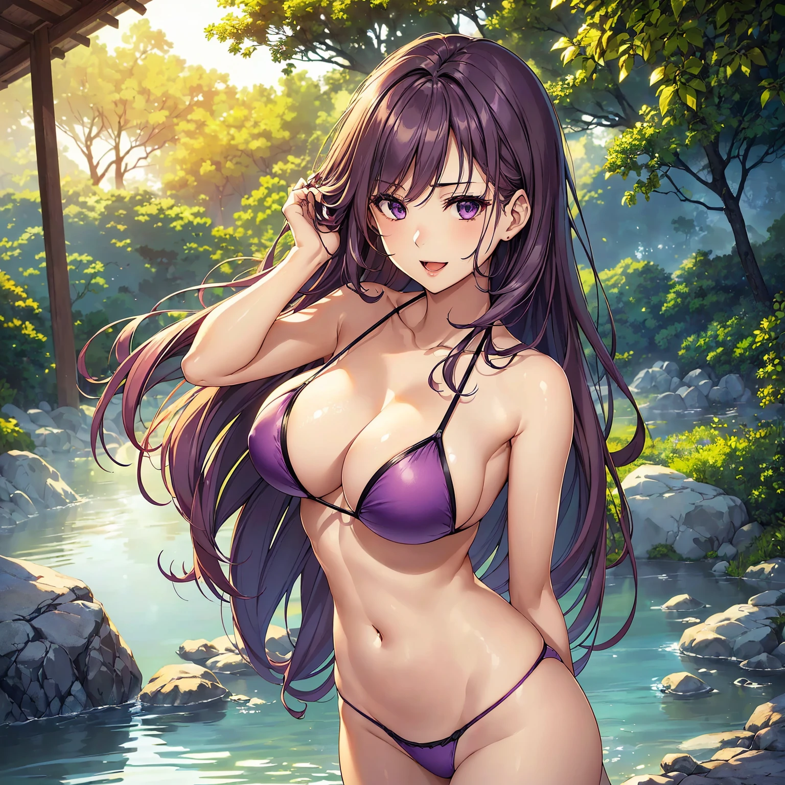 (top-quality、masterpiece、very high res、An ultra-high picture quality、High quality pixels)、(She is a mysterious and bewitching woman, And she is 18 years old,1 person,Single,独奏:1.5)、(She is a very beautiful woman with a beautiful face)、(Beautiful face written in detail,Beautiful body,Strong-willed eyes,Purple eyes,Beautiful colored hair,Beautiful skin texture)、(Beautiful hair quality,Variety of hairstyles)、(She has a slender figure and her breasts are D cups)、(Bewitching look,lovely smile,Smile, Open mouth,),(Bikini swimsuit,Bikini swimwear),(Openair Onsen,Beautiful hot springs,bathing),(model poses,modelshoot,Magazine shooting,Hair flutters under the influence of the wind),The wind is blowing、Beautiful Art Style, an animated character、(The whole picture、Detailed picture、accurate anatomy、Defect-free images、extremely detailed picture、Accurate images、Perfect Image 1.5)、(Best Shot Photo 1.2)
