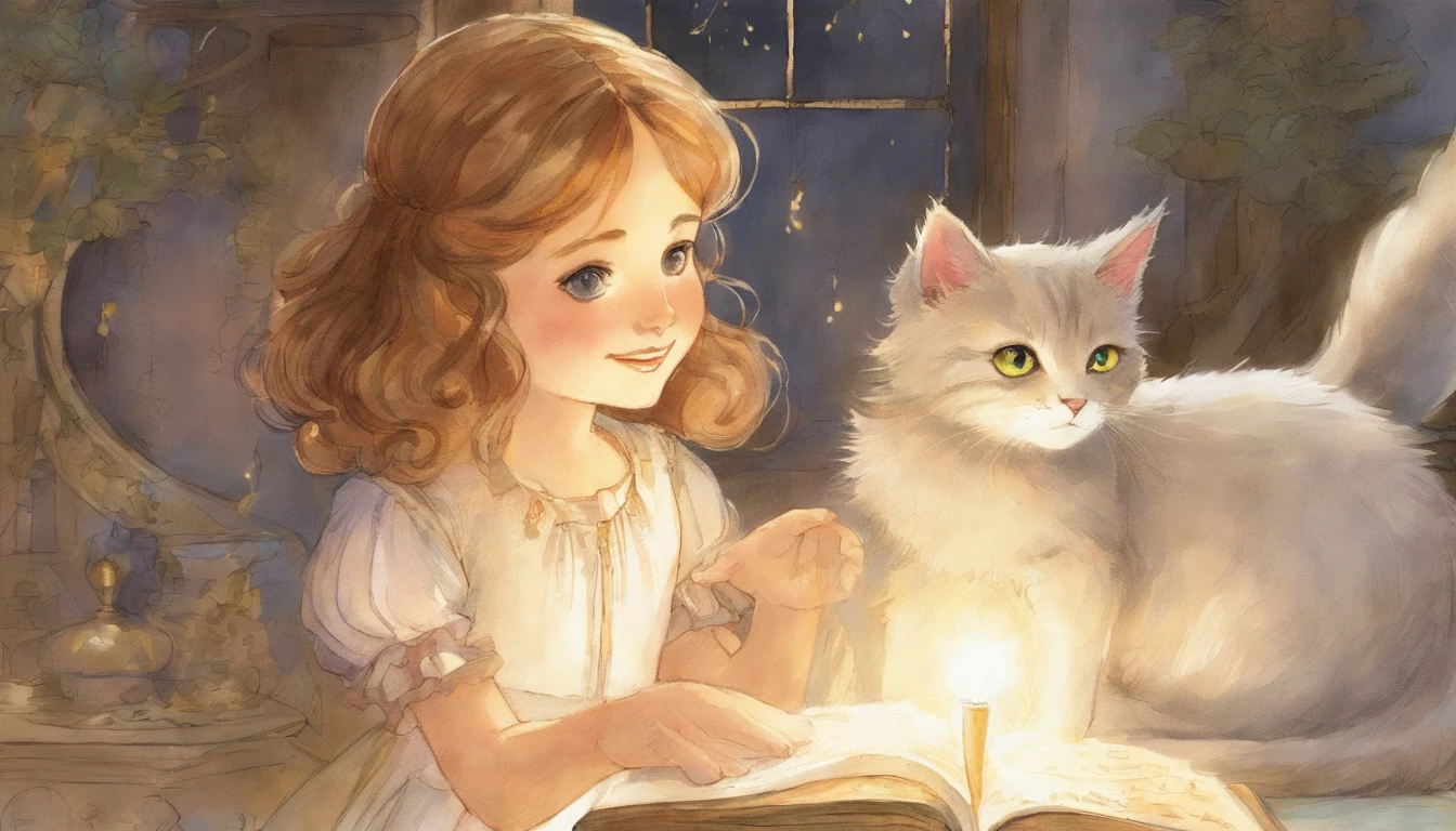 Girl holding hands with light gray cat's paw in sunny room 10years old girl、I have chestnut hair Light is overflowing from the connected hands Fantastic and happy feelings watercolor paiting The overall design is classic.、The color is dark yellow Picture book illustrations
