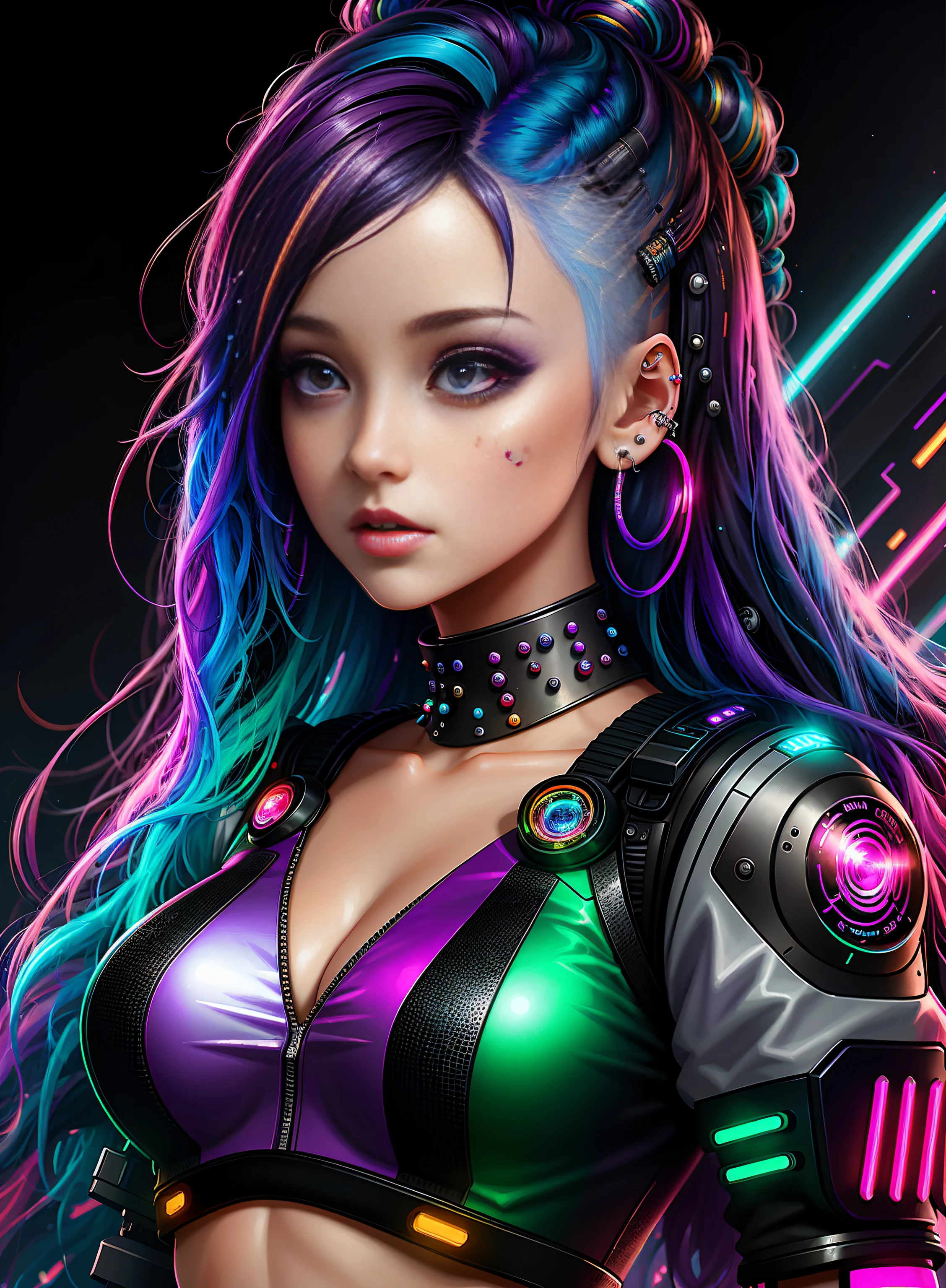 ((best quality)), ((masterpiece)), ((realistic)), (detailed), (1 girl) full body woman with colorful hair and piercings, dreamy cyberpunk girl, 4K high-detail digital art, stunning digital illustration, stunning 8K artwork, colorful digital fantasy art, colorful and dark, beautiful digital artwork, colorful digital painting, cyberpunk digital anime art, girl with luminous wave, 8K HD digital wallpaper art, gorgeous digital painting