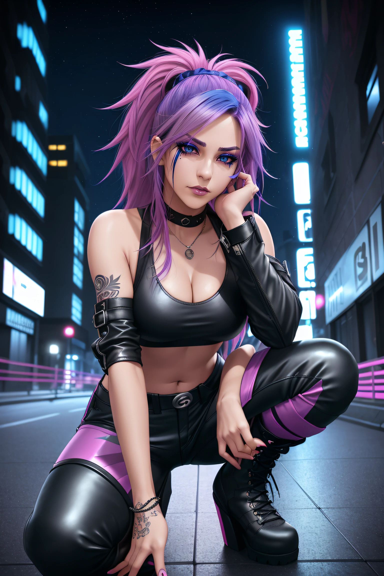 beautiful girl, full body, short bright blue and magenta streaked dishevelled hair, large blue piercing eyes, black eyeshadow, (street style wear:1.2), ((tight fitted pants)), ((knee high leather boots)), (city night background:1.2), dark makeup, digital art, trending on artstation, highly detailed, fine detail, intricate, beautiful detailed glow, detailed, Cinematic light, high-res, detailed facial features, sharp focus, smooth, aesthetic,