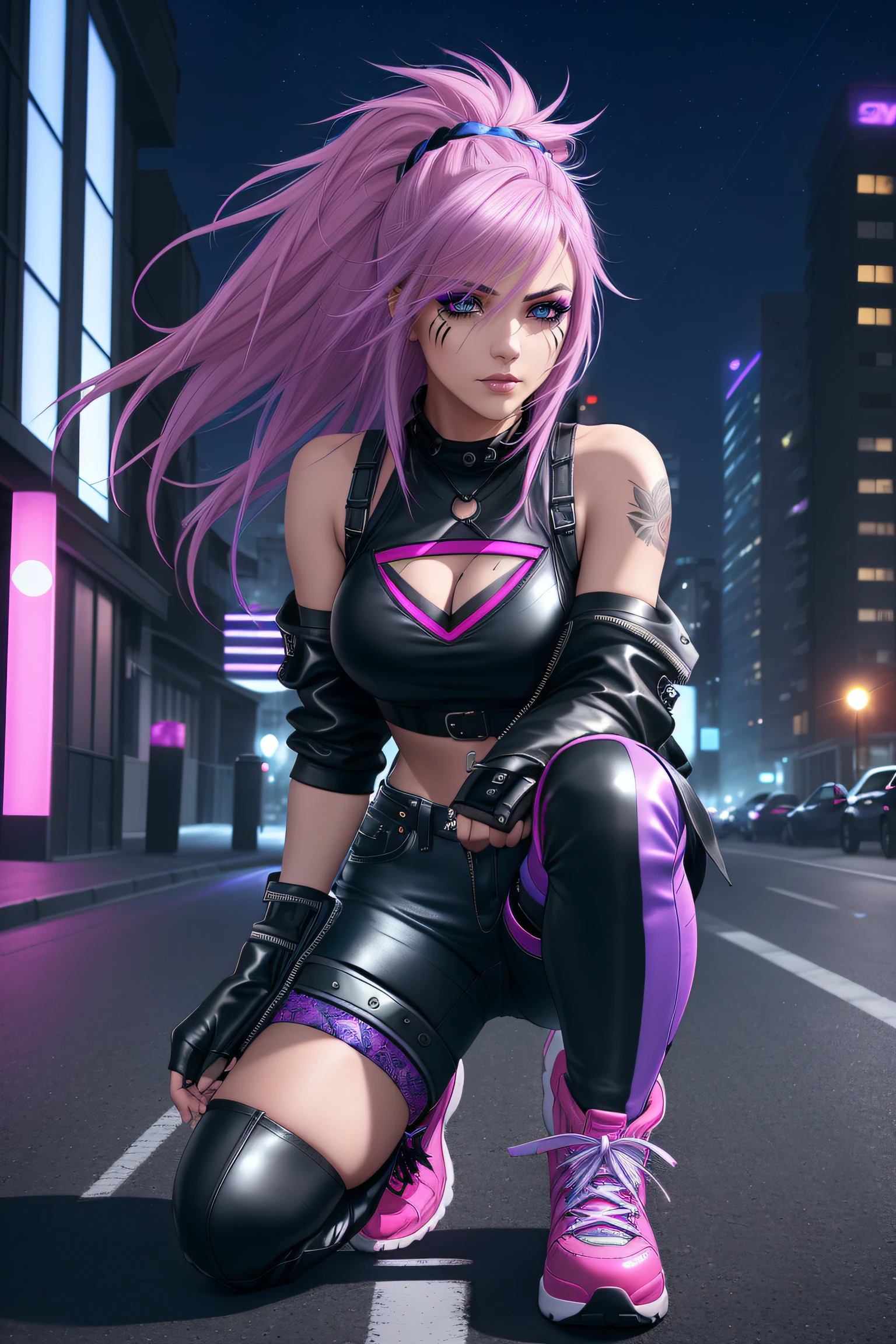 beautiful girl, full body, short bright blue and magenta streaked dishevelled hair, large blue piercing eyes, black eyeshadow, (street style wear:1.2), ((tight fitted pants)), ((knee high leather boots)), (city night background:1.2), dark makeup, digital art, trending on artstation, highly detailed, fine detail, intricate, beautiful detailed glow, detailed, Cinematic light, high-res, detailed facial features, sharp focus, smooth, aesthetic,