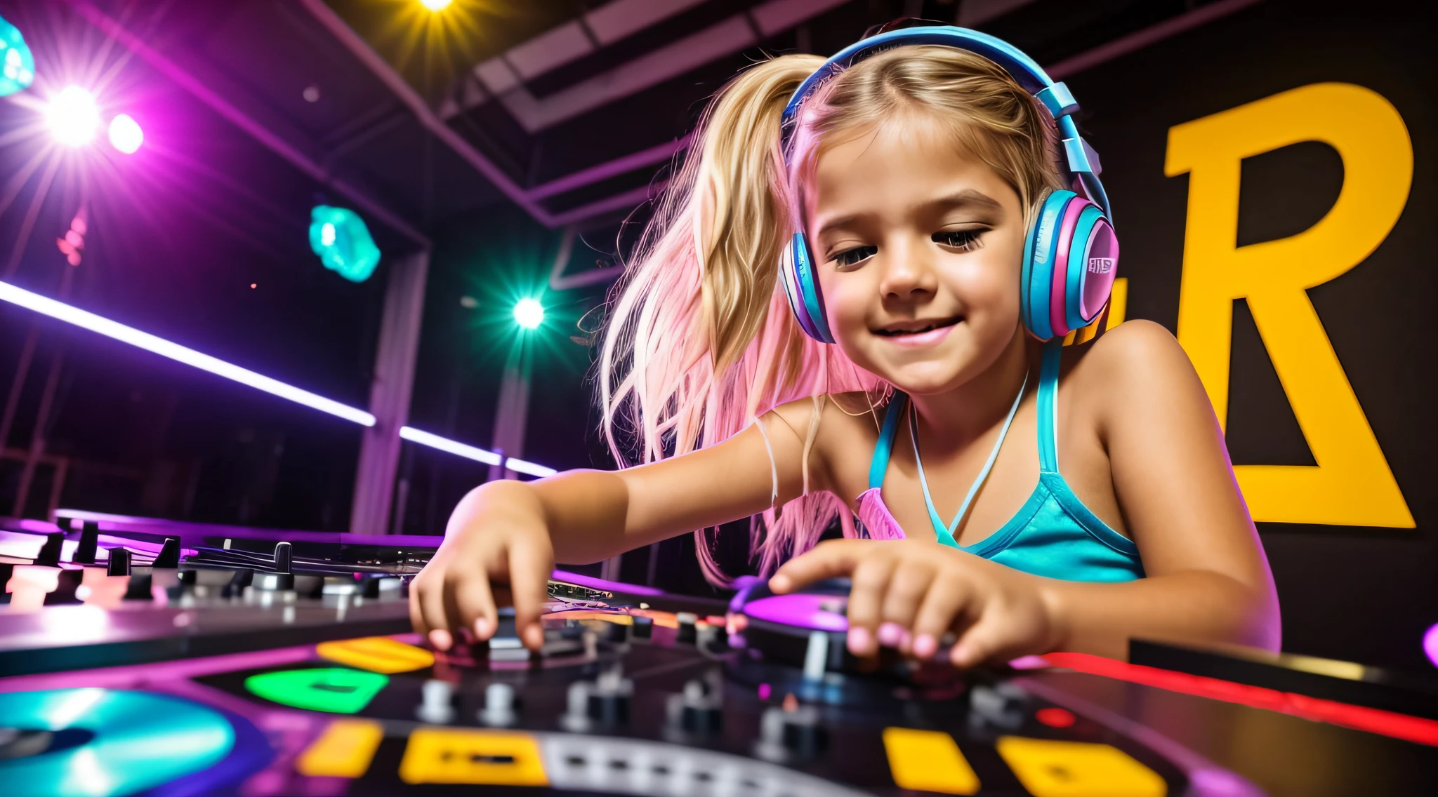 Image of a CHILD BLONDE girl with headphones playing music, DJ Sura, DJ, Conjunto de DJ, Fones de ouvido DJ Rave, menina usando fones de ouvido, Turntablism DJ arranhando, turntablist, arte oficial, Arte Promocional, Fones de ouvido vermelhos, E - Menina, e-menina, arte promocional, Bate, arte de fundo, DJ em uma festa, Festa DJ Rave, menina rave