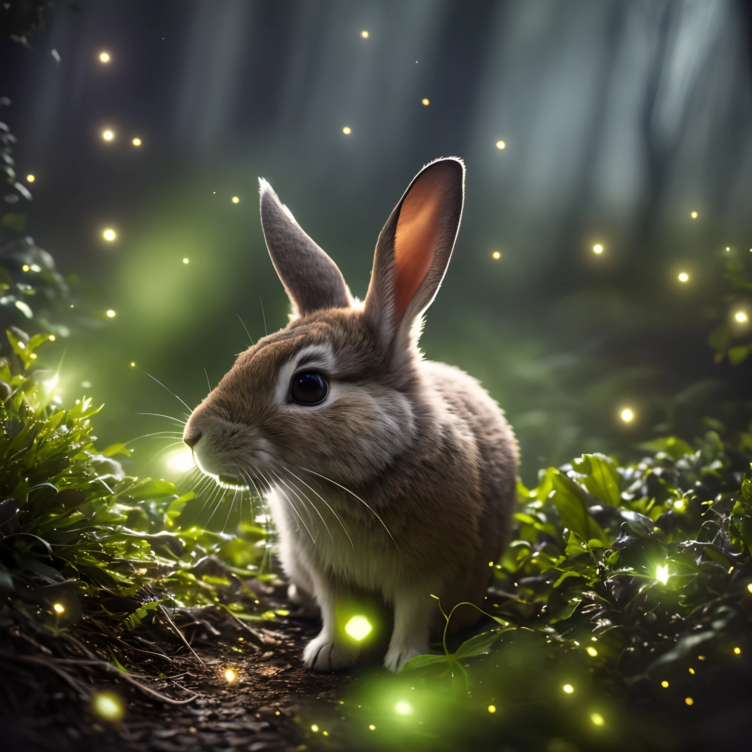 close up photo of a rabbit in an enchanted forest, nighttime, fireflies, volumetric fog, halation, bloom, dramatic atmosphere, centred, rule of thirds, 200mm 1.4f macro shot