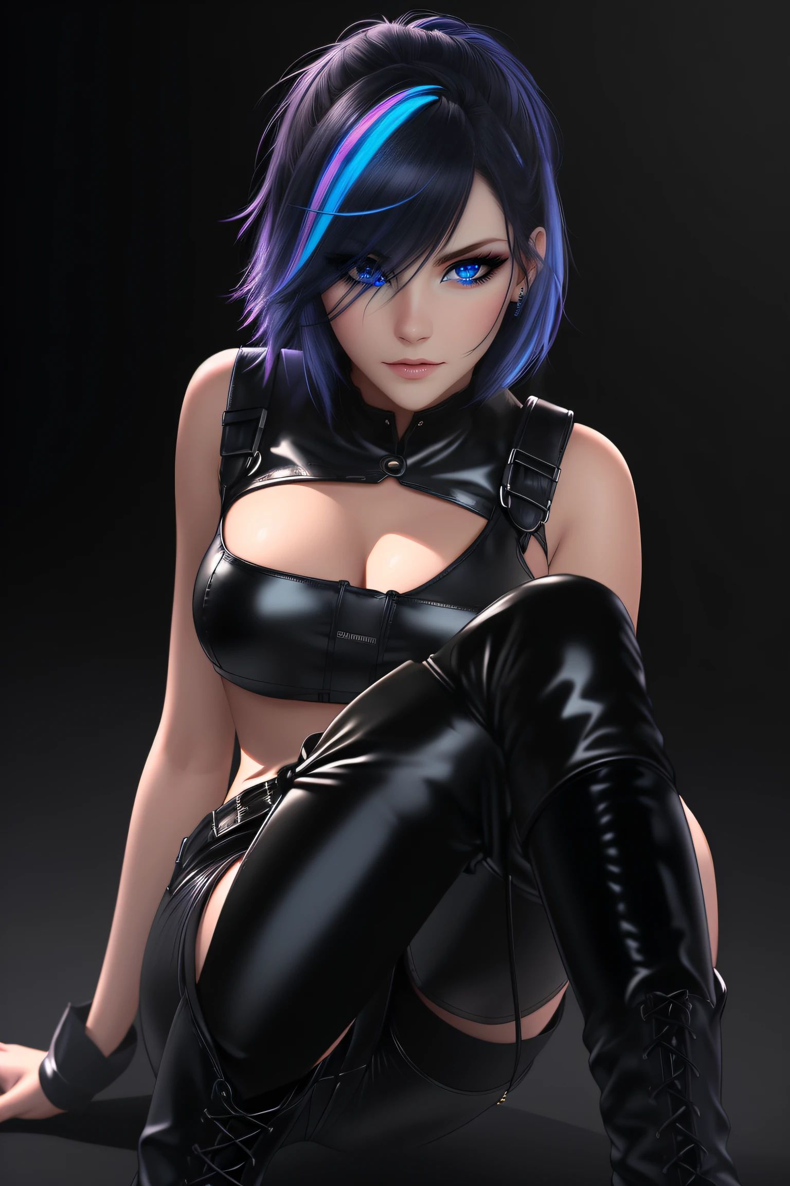 beautiful girl, full body, short bright blue neon streaked dishevelled hair, ((large light realistic detailed eyes:1.3)), ((seductive pose:0.5)), black eyeshadow, (street style wear:1.2), ((tight fitted short pants)), ((thigh high leather boots:1.3)), (dark city night black background:1.4), dark makeup, digital art, trending on artstation, highly detailed, fine detail, intricate, beautiful detailed glow, detailed, Cinematic light, high-res, detailed facial features, sharp focus, smooth, aesthetic,