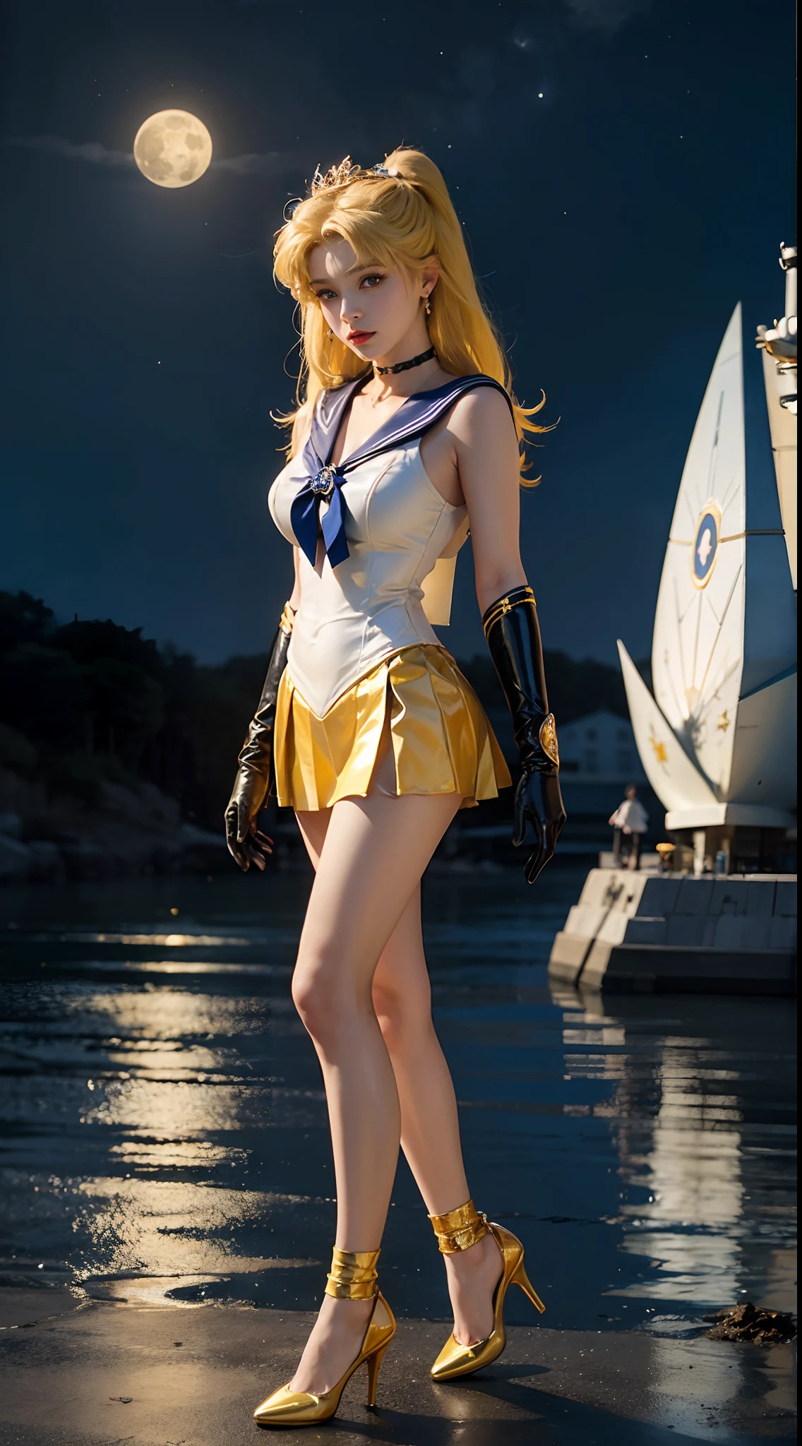 ((masterpiece:1.4)、(top-quality:1.4)、(reallistic:1.7))、masuter piece:1.4、a beauty girl、(Sailor Moon:1.4)、Tsukino Usagi、Body Fit Sexy Sailor Senshi Uniform、(latex shiny)、(The jacket is a white sleeveless sailor suit)、(Skirt Blue Sexy Ultra Ultra Pleated Mini Skirt)、The collar of the sailor suit is blue with two thin lines.、high leg swimsuit、Red cloth ornament at chest、(Wearing white gloves)、Kawaii Girl、Super beauty、foco nítido、Portrait photos、(Perfect female body:1.4)、perfectly proportions、Upper body photography:1.4、美丽的面容、beautidful eyes、Narrow waist、beauty legs、(yellow hair:1.4)、(length hair:1.2)、Beautiful udder、large full breasts:1.2、Sexy ass、Raw photo、red-lips、Red high heels:1.4、a choker:1.4、a necklace:1.4、耳环:1.4、Luxurious Golden Tiara:1.4、1 screen display、a moon、kosmos、spaceships、A space station、City of the Future