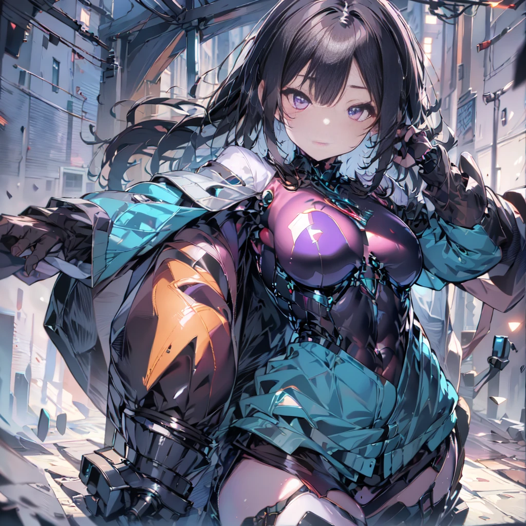 (8k), (hyper detailed), (ultra quality), (masterpiece), (anime), (detailed machine), (beautiful girl), (beautiful background) petite, small breast, slim legs, silky black hair, extra long hair, voluminous hair, detailed beautiful purple eyes,cape, mecha and weapons