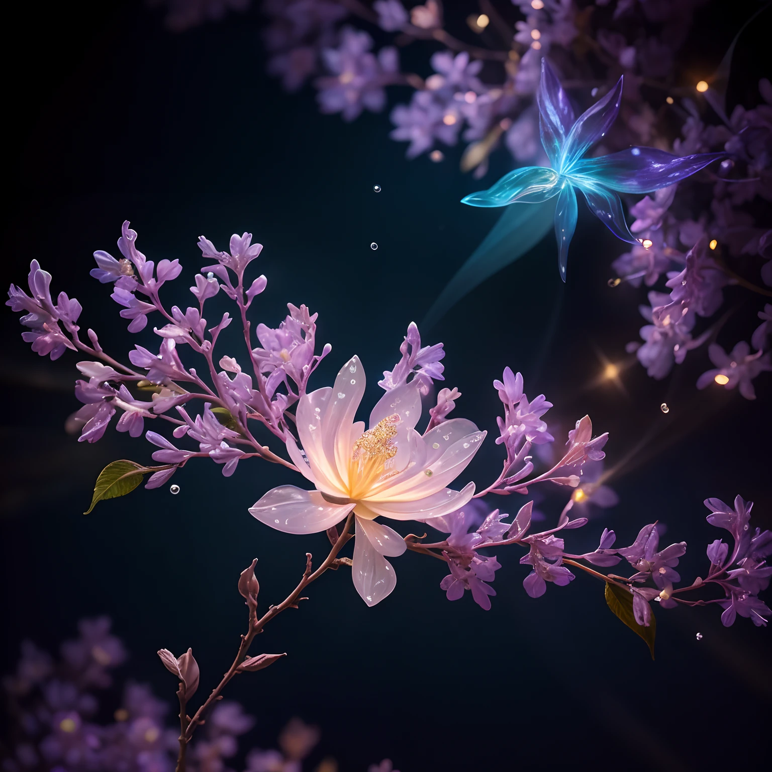 branch of delicate lilac flowers, super transparent, holy light, beautiful spectral light, petals glow, flashing, dark background, drops of transparent light, reflective light, bright, light streaming in, optics, portrait profile, sharp focus, magical, intricate, ultra realistic, fantasy, composition, light, trend on artstation, pearl, patronus cloud of silvery vapor, corrosive enveloping ray family, 8k, ureal ar 23v4 uplight