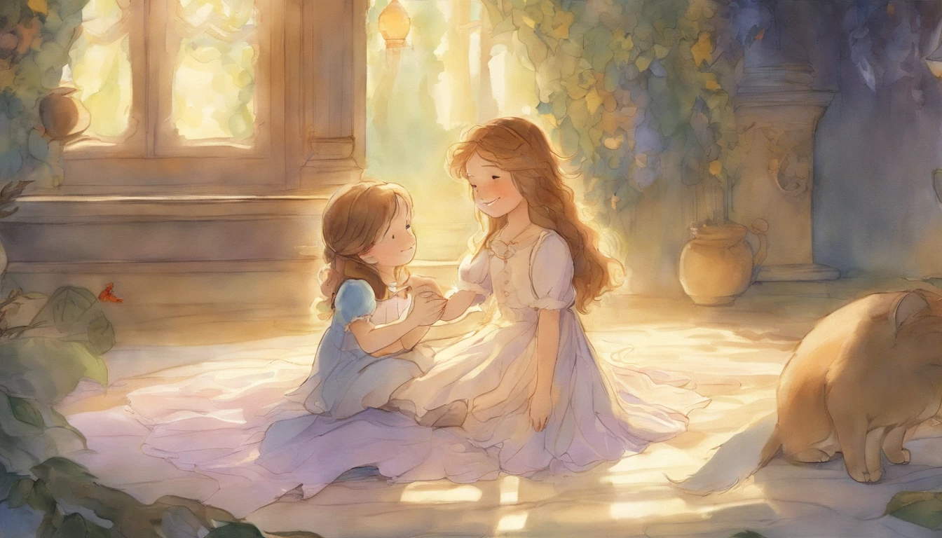 Girl holding hands with light gray cat's paw in sunny room ars old girl、I have chestnut hair Light is overflowing from the linked hands Fantastic and happy feelings watercolor paiting The overall design is classic.、The color is dark yellow Picture book illustrations