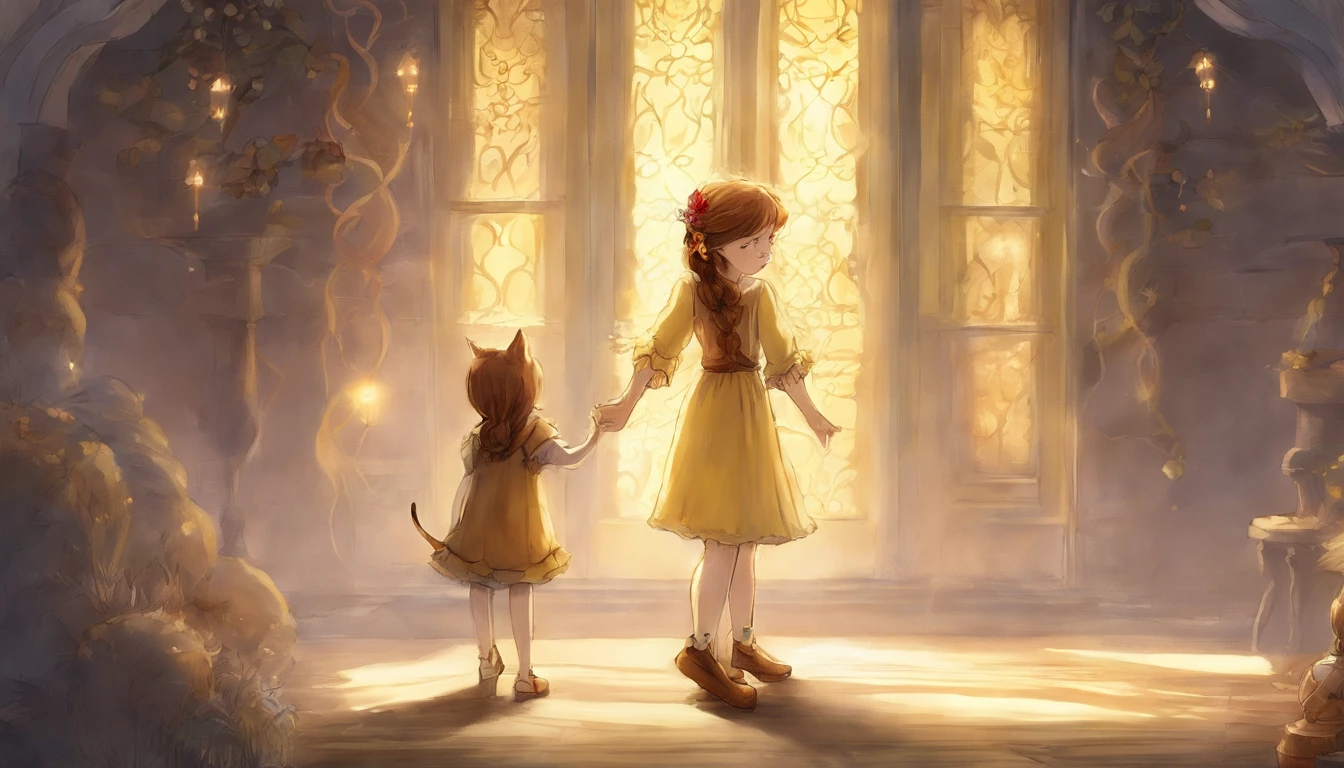 Girl holding hands with light gray cat's paw in sunny room　ars old girl、I have chestnut hair　Light is overflowing from the linked hands　Fantastic and happy feelings　watercolor paiting　The overall design is classic.、The color is dark yellow　Picture book illustrations