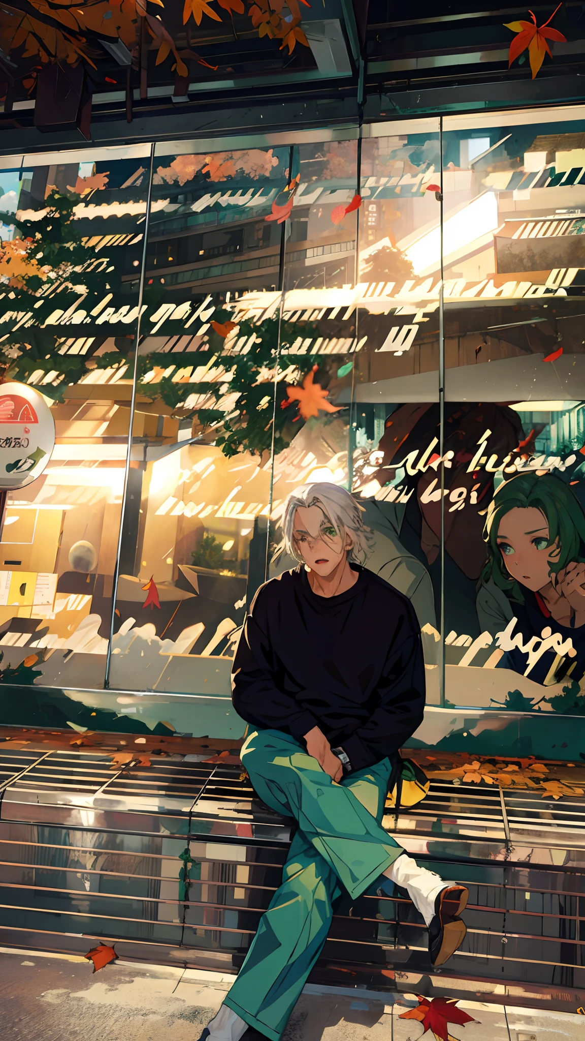 japan, high resolution, highest quality, illustration, ultra detailed, (detailed face), (detailed eyes), soft lighting, best quality, misty glow, dreamy atmosphere, hyper detailed, masterpiece, 1 boy, solo, silver hair, green eyes, knitwear, bright eyes, medium chest, (colored), cowboy shot, outdoors, evening, clouds, high rise buildings in background, industrial, public transportation, urban, buildings concrete, concrete, sidewalk, busy, trees, autumn, falling leaves,