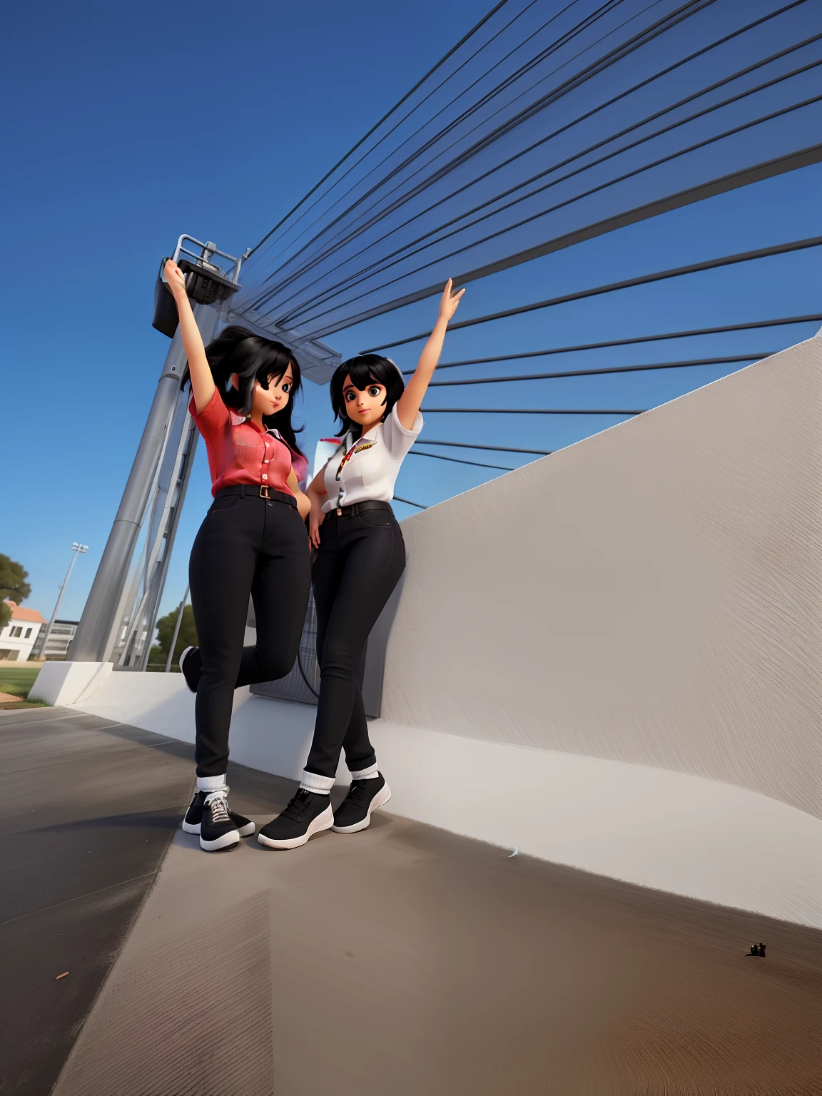a young beautiful black dark girl, aged 25, black short hair, wearing track suit and black t-shirt, white sneaker shoes, on the side of the road, moving trucks, boxes on the ground, bags on the ground, at a house, standing straight, with the box in her hands, viewed at a distance.