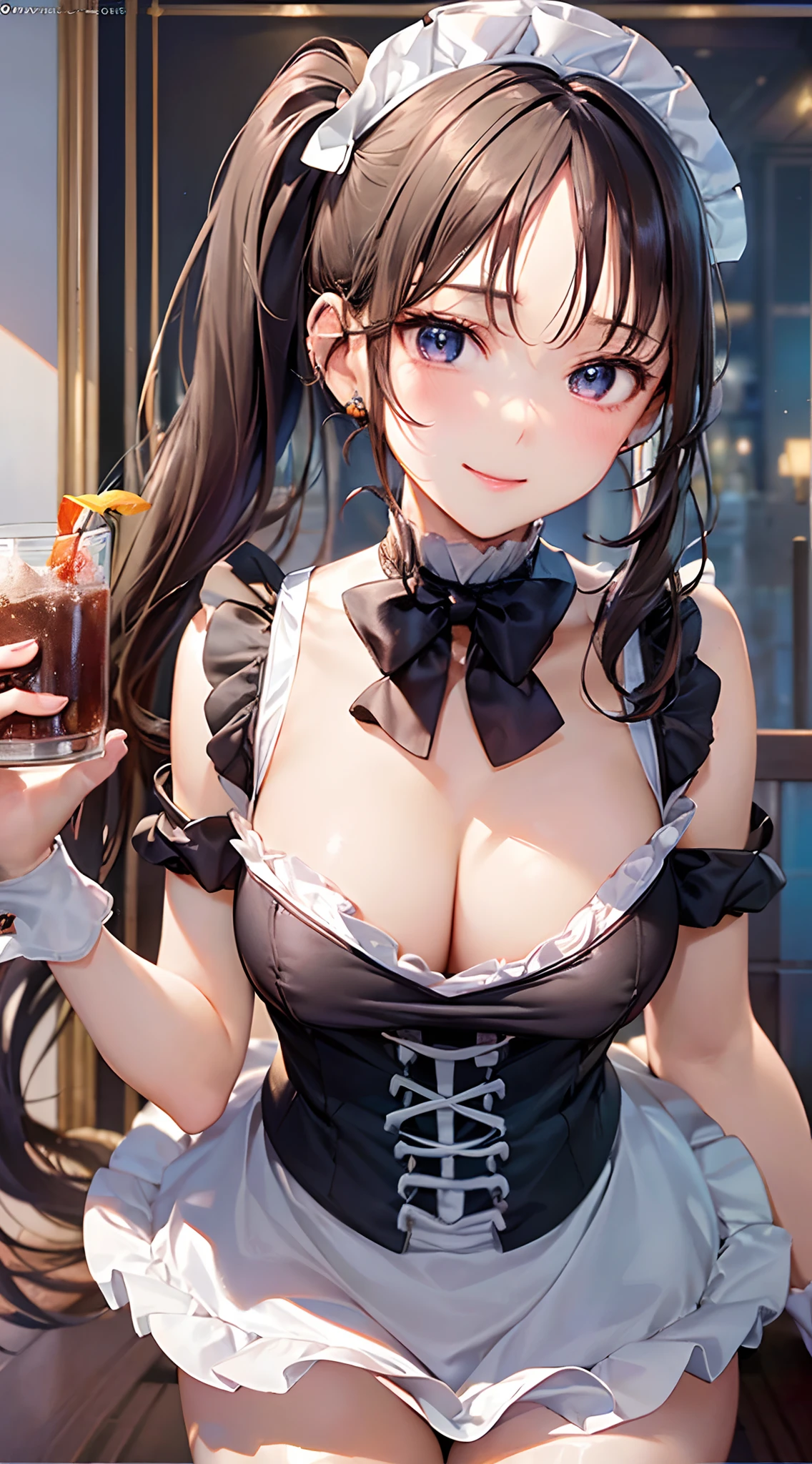 (perfect anatomy, anatomically correct, super detailed skin), 1 mature woman, solo, japanese, (detailed ultra-oily shiny skin:1.1), watching the view, (smile:1.5, happiness),
beautiful hair, beautiful face, beautiful detailed eyes, blue eyes, (long hair:1.4, side ponytail :1.7), blond hair, (large breasts:1.2), (cute face), (Ideal ratio body proportions),
beautiful clavicle, beautiful body, beautiful chest, beautiful thigh, beautiful legs, breast, bare foot, bare arm, slender, small buttocks, skinny legs,
(stylish hair ornament, frilly maid style costume, (maid cafe costume, pleated mini-skirt:1.5, sheer thin panties:1.2)),
(beautiful scenery), concafe, ((stylish maid cafe)), maid cafe popular staff, menu card, name tags, drinks, food,
(8k, top-quality, masterpiece:1.2, extremely detailed), (photorealistic), beautiful art, visual art, depth of fields, cinematic lighting, surrealism, elaborate design,