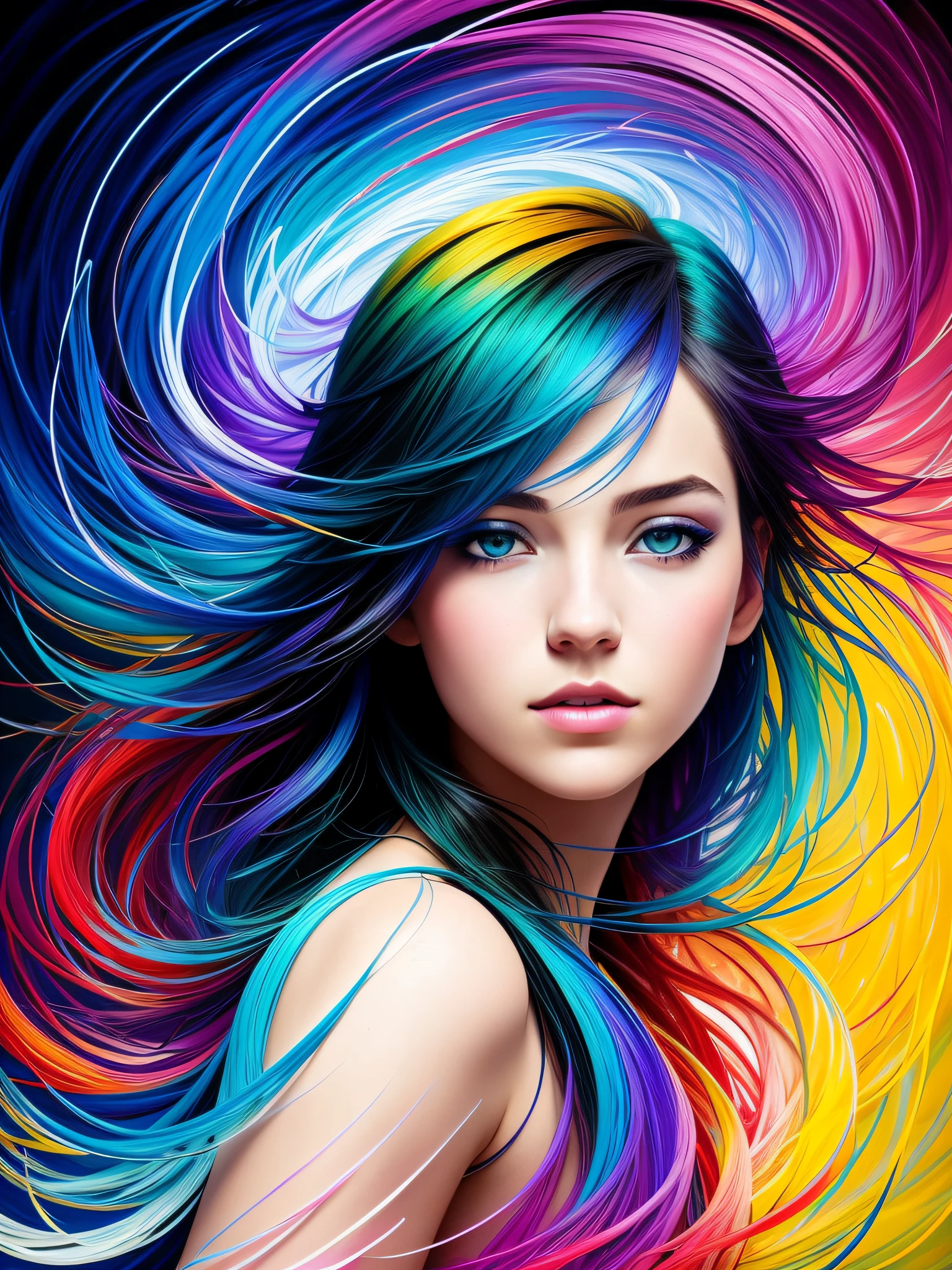 Beautiful colorful girl: a  girl, naked, small breasts, hard nipples, messy hair, oil painting, perfect face with soft skin and perfect face, blue yellow colors, light purple and violet additions, light red additions, intricate details, splash screen, 8k resolution, masterpiece, beautiful face, artstation digital painting smooth black ink flow: 8k resolution photorealistic masterpiece: intricately detailed fluid gouache painting: by Jean Baptiste Mongue: calligraphy: acrylic: watercolor art, professional photography, natural lighting, volumetric lighting maximalist photo illustration: by marton bobzert: , complex, elegant, expansive, fantastic, wavy hair, vibrant