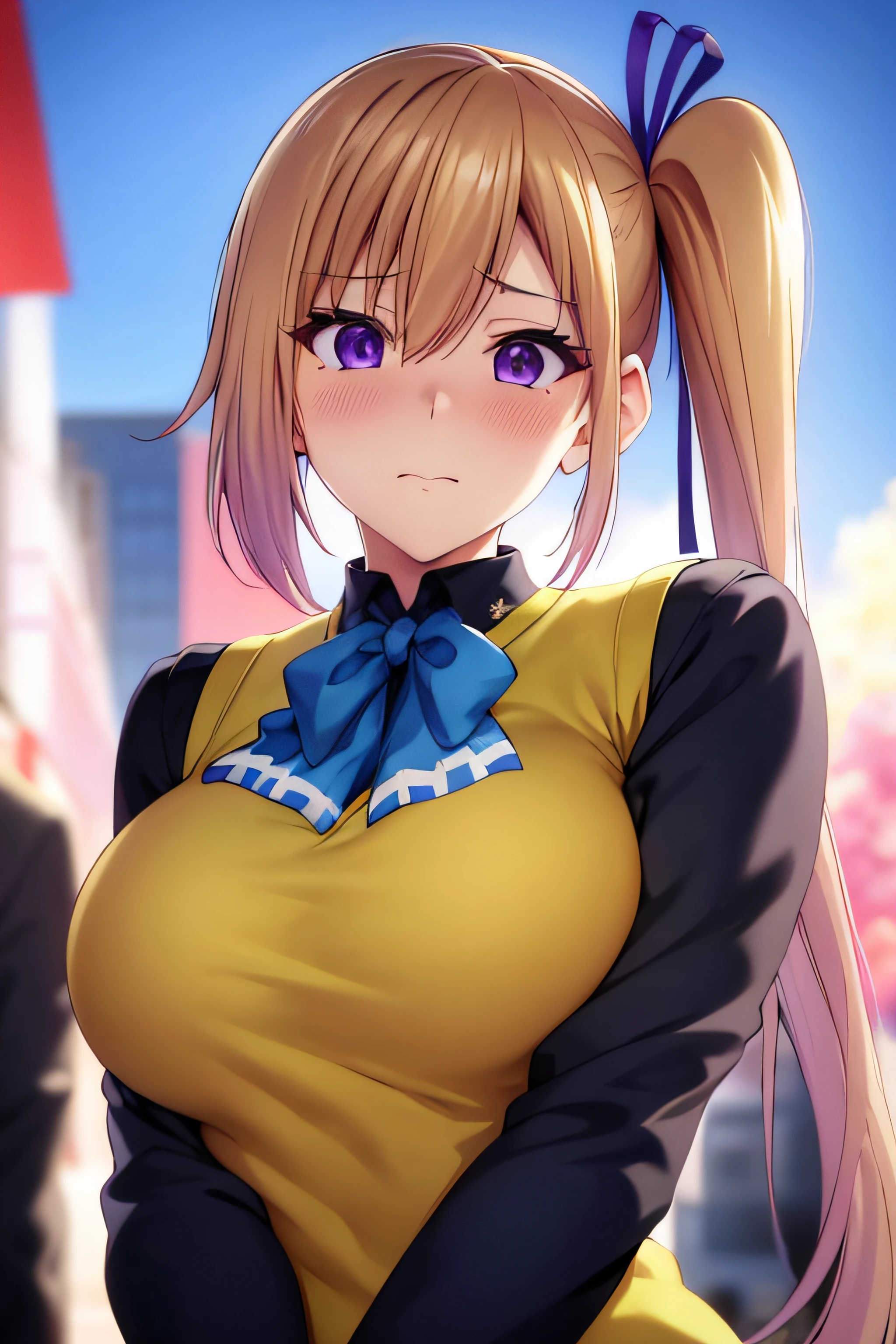 masterpiece, (best quality), 1woman,1girl ,1boy,,kawakami_mai,    blonde hair,  long hair, side ponytail,  purple eyes, sweater vest, school uniform ,   skirt, large breasts,ribbon, hair ribbon, mole under eye,sexy woman, embarrassed,blush,    vibrant colors ,,natural lighting  ,RTX,  , beautiful, (detailed face:1.2), showcase, (perfect eyes:1.1) ,(photorealistic:1.1), 8k uhd,  looking at viewer, outdoors,  simple backround