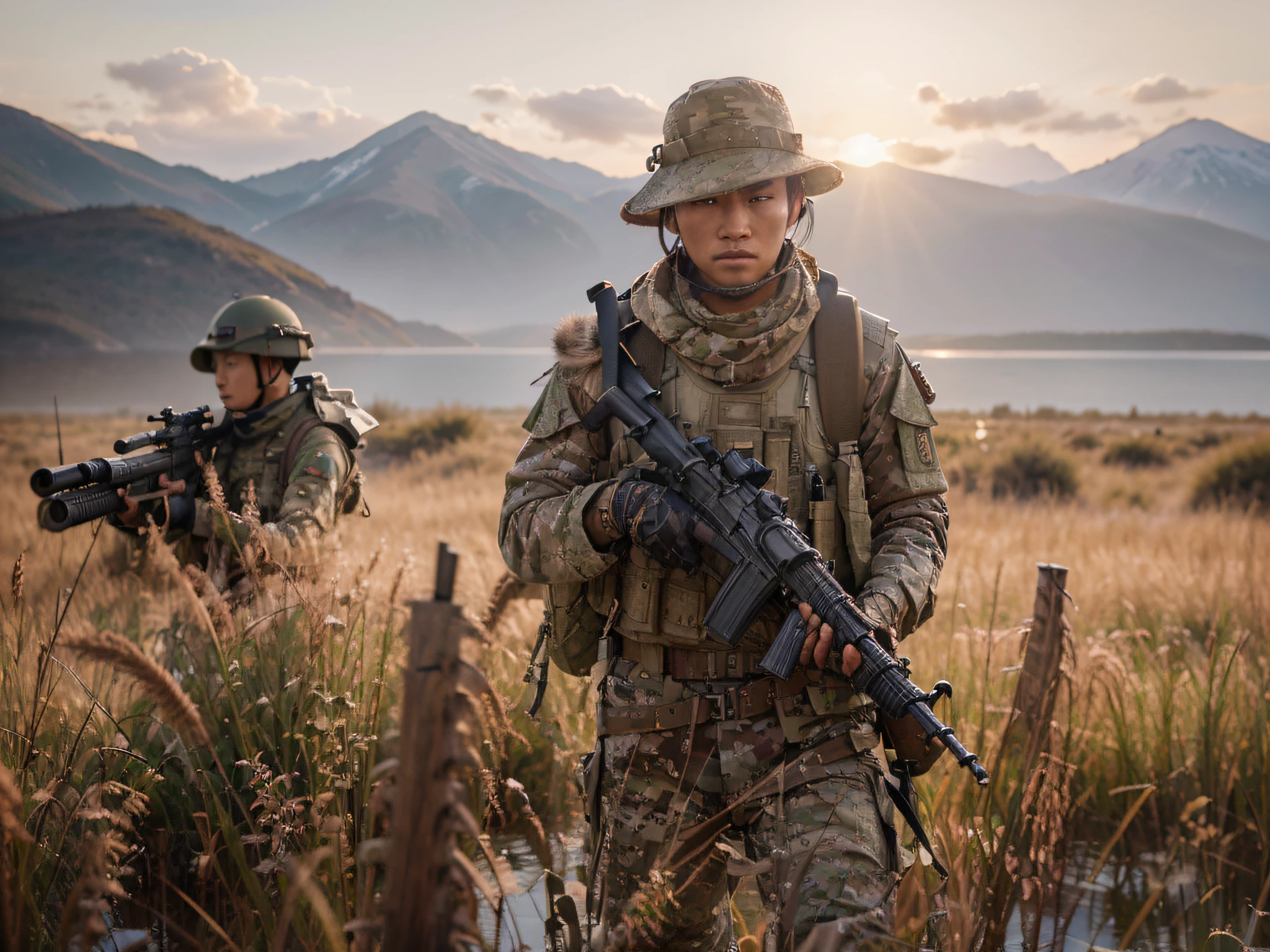 Chinese male soldier, rough face, very short hair, light brown military uniform, carries rifle, belts with ammunition, military backpack and explorer's hat, is coming out of the water ultra-realistic, beautiful sunset, realistic, 4k, Ultra detailed image, realistic, Highly detailed, perfect composition, gorgeous, Intricately detailed, incredibly detailed, Art photography 8K, hyper detailed, Masterpiece, Ultra detailed, hyper realistic, 4k, Ultra detailed image, realistic, Highly detailed, perfect composition, beautiful, intricately detailed, incredibly detailed , art photography 8k, hyper detailed, masterpiece