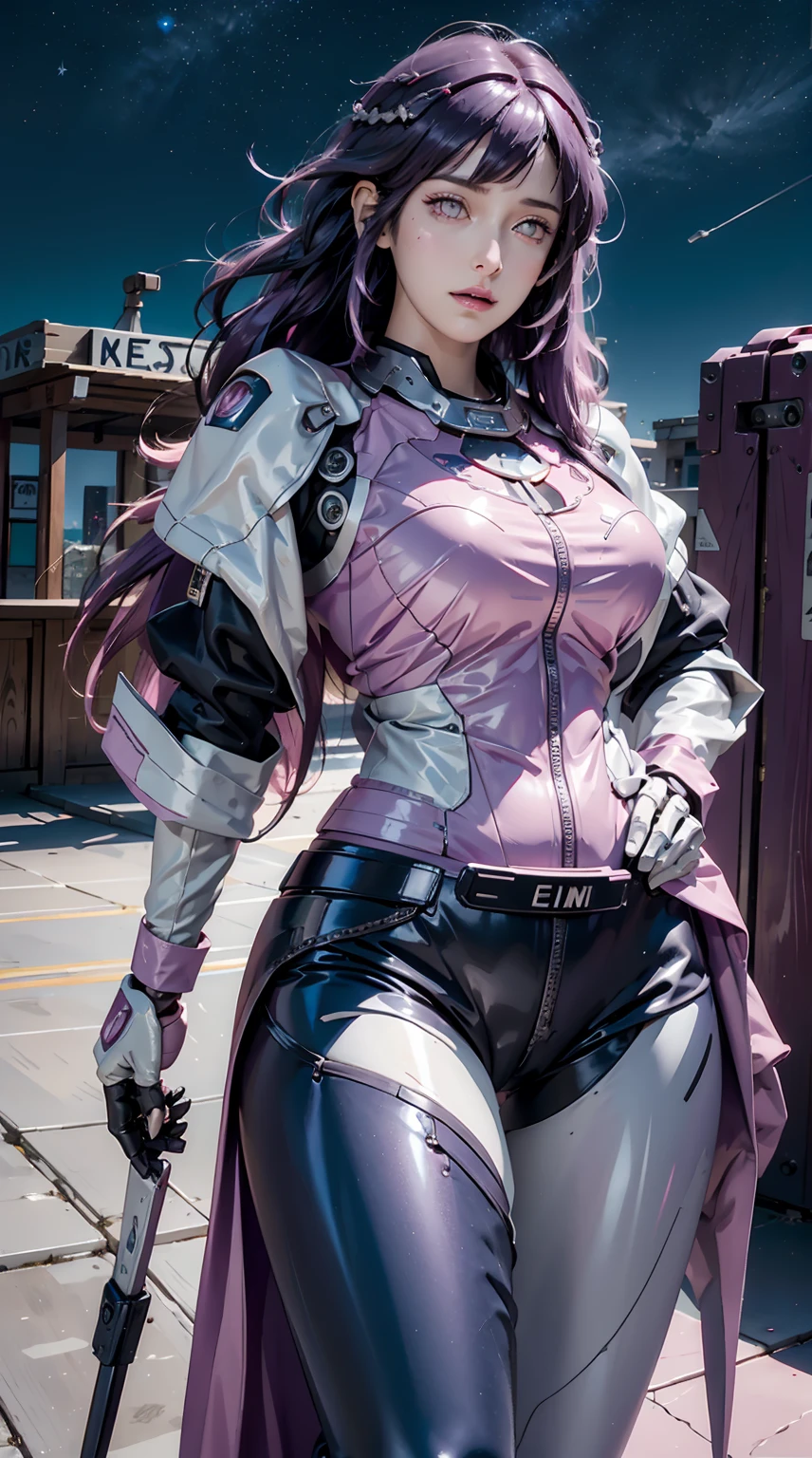 photorealistic, high resolution, 1women, shining skin, solo, tattoo, jewelry, pink lip, long hair, purple hair, white eye, closed mouth, hips up, mecha musume,mechanical parts, robot joints,single mechanical arm, star sky, halo ground