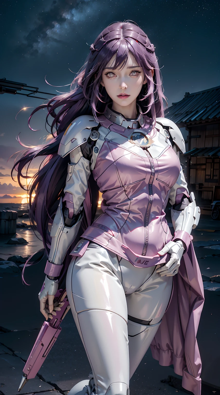 photorealistic, high resolution, 1women, shining skin, solo, tattoo, jewelry, pink lip, long hair, purple hair, white eye, closed mouth, hips up, mecha musume,mechanical parts, robot joints,single mechanical arm, star sky, halo ground