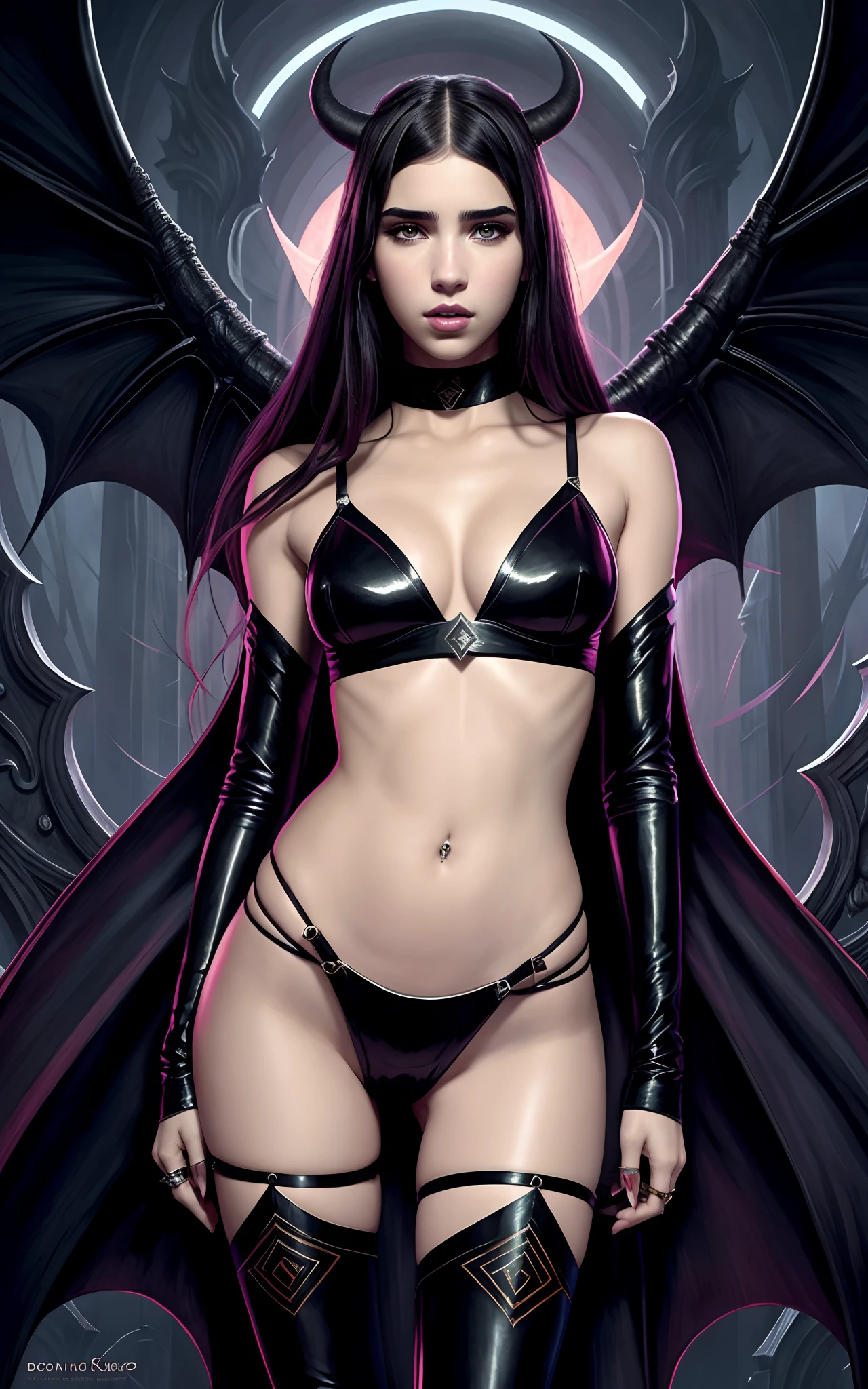 Succubus with the face of Emily Rudd: Dua Lipa, sensual pose, (symmetrical) concept art, dark fantasy background, abstract beauty, hyperdetailed, in the style of Brom