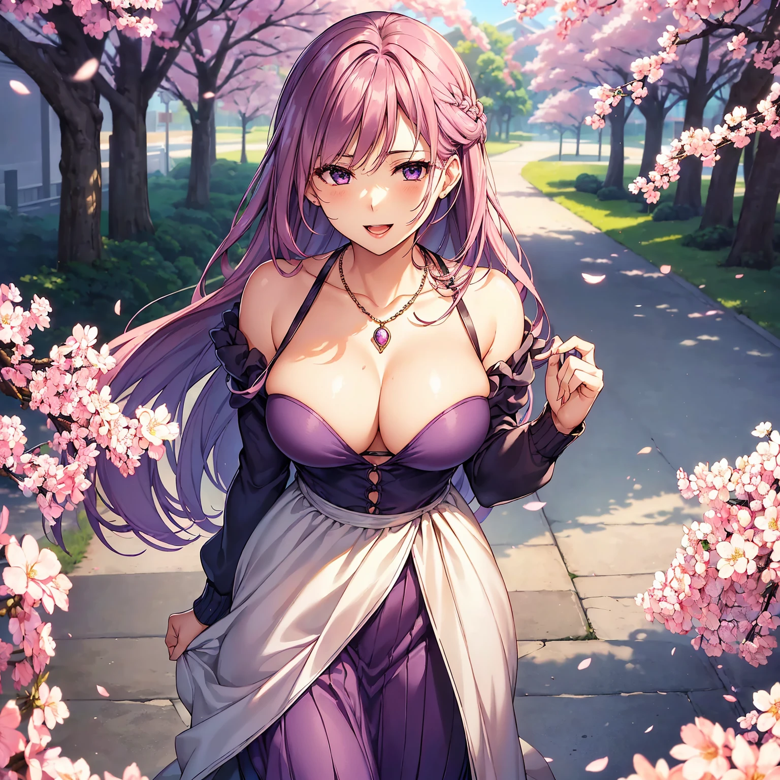 (top-quality、masterpiece、very high res、An ultra-high picture quality、High quality pixels)、(She is a mysterious and bewitching woman, And she is 18 years old,1 person,Single,独奏:1.5)、(She is a very beautiful woman with a beautiful face)、(Beautiful face written in detail,Beautiful body,Strong-willed eyes,Purple eyes,Beautiful colored hair,Beautiful skin texture)、(Beautiful hair quality,Variety of hairstyles)、(She has a slender figure and her breasts are D cups)、(Bewitching look,lovely smile,Smile, Open mouth,),(Wearing a sweater,a miniskirt,1 necklace,shoulders are exposed),(A path lined with flourishing cherry blossom trees,The cherry tree),(model poses,modelshoot,Magazine shooting,Hair flutters under the influence of the wind),The wind is blowing、Beautiful Art Style, an animated character、(The whole picture、Detailed picture、accurate anatomy、Defect-free images、extremely detailed picture、Accurate images、Perfect Image 1.5)、(Best Shot Photo 1.2)